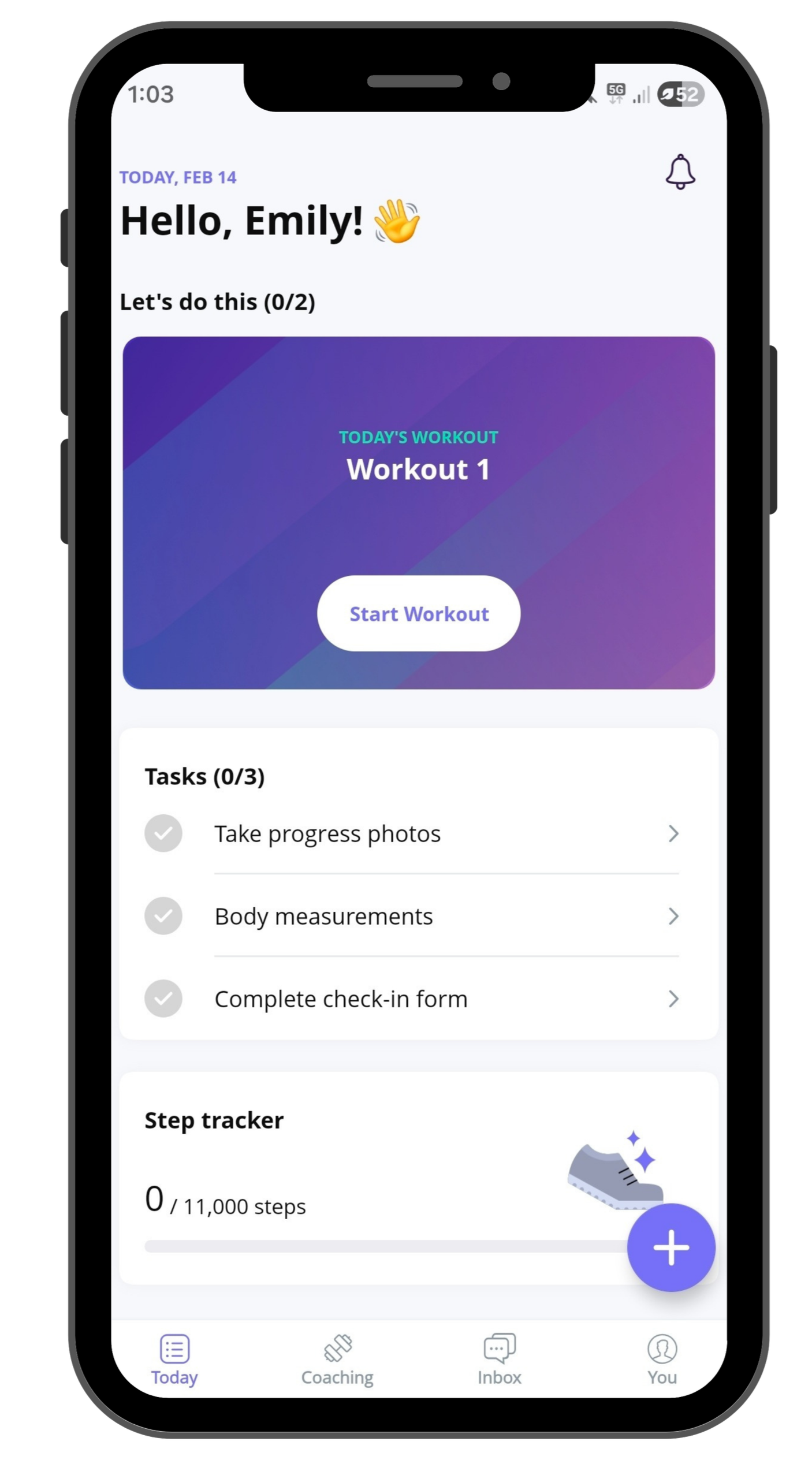 A smartphone screen displaying a fitness app welcome page for Emily, showing today's date, workout options, task list, step tracker, and navigation tabs at the bottom.