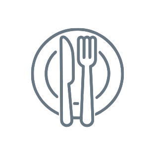 Icon of a plate with a knife on the left and a fork on the right.