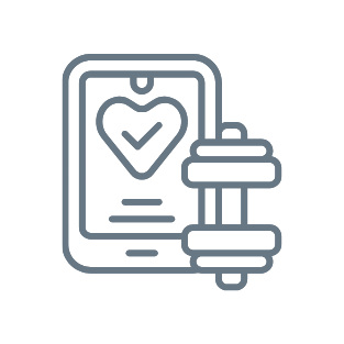 Line drawing of a smartphone with a heart and checkmark on the screen, and a dumbbell icon next to it, representing fitness or health app.