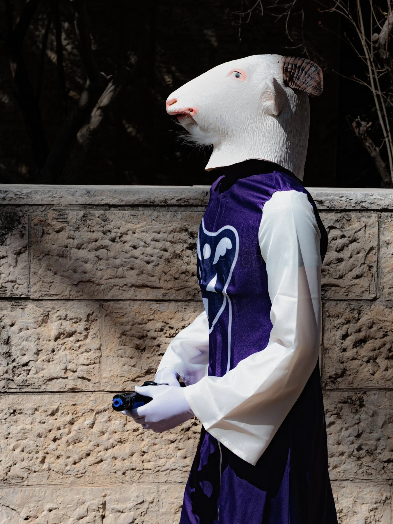 Person wearing a rat mask and a purple and white shirt, holding a remote control, standing outdoors near a stone wall.