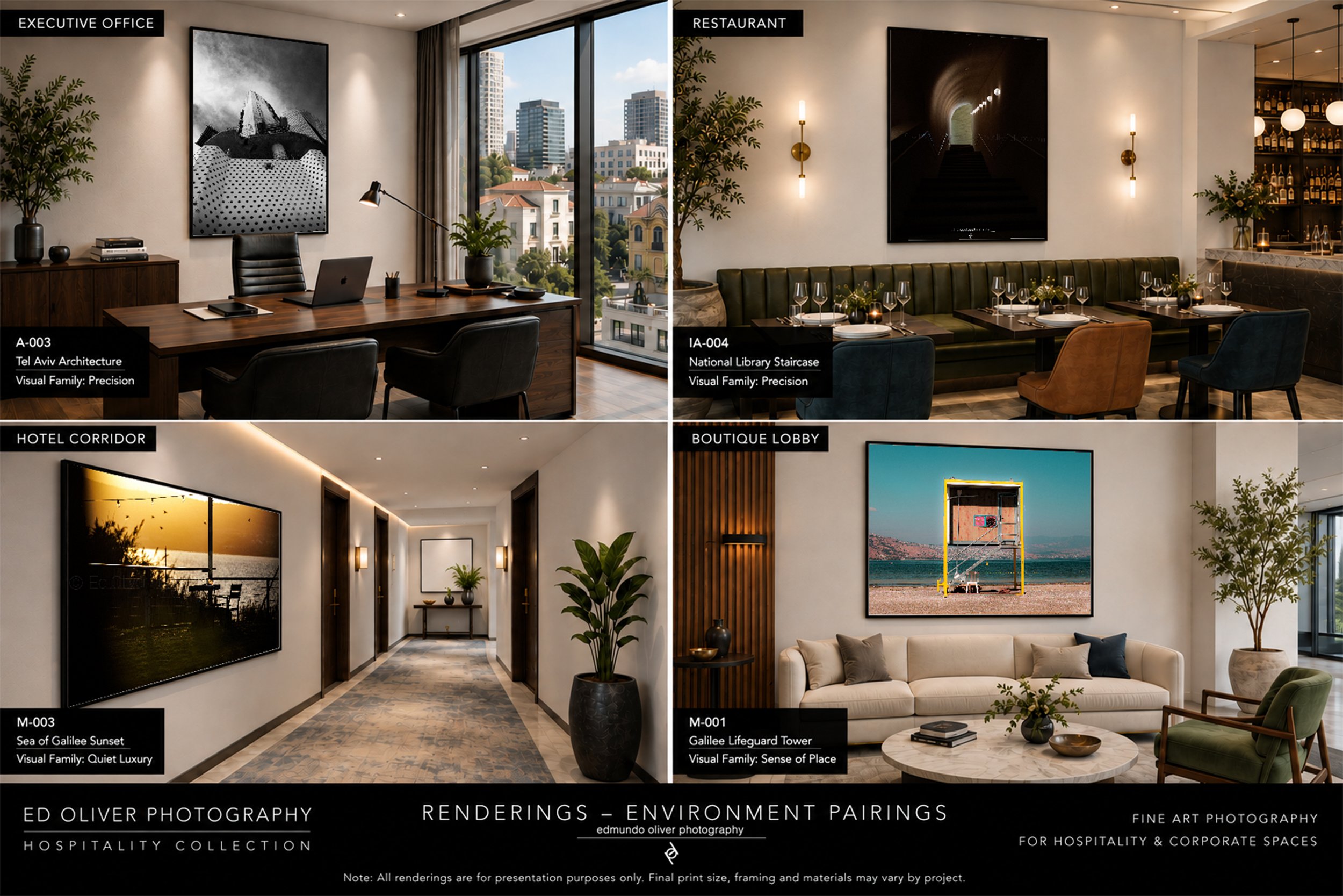 A collage of interior spaces, including an executive office with a wooden desk, black office chair, large window with city view, and modern art; a restaurant with a long green banquette, dining tables, and wall art; a hotel corridor with artwork and plants; and a lobby area with a sofa, chairs, coffee table, and a large seaside sunset photograph.