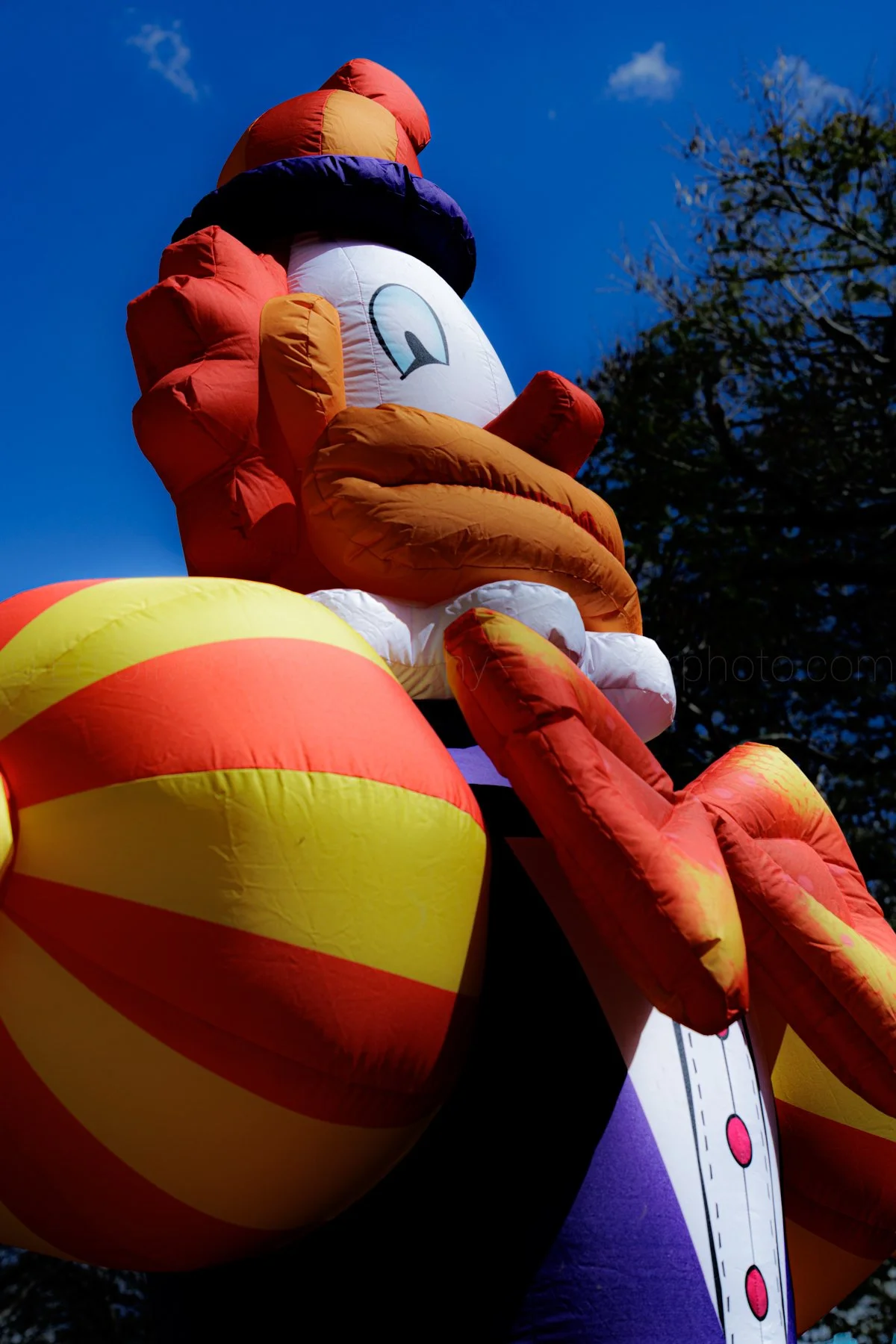 Inflatable parade float in the shape of a cartoon character with an orange beak, large eyes, and colorful clothing, set against a blue sky with trees in the background.