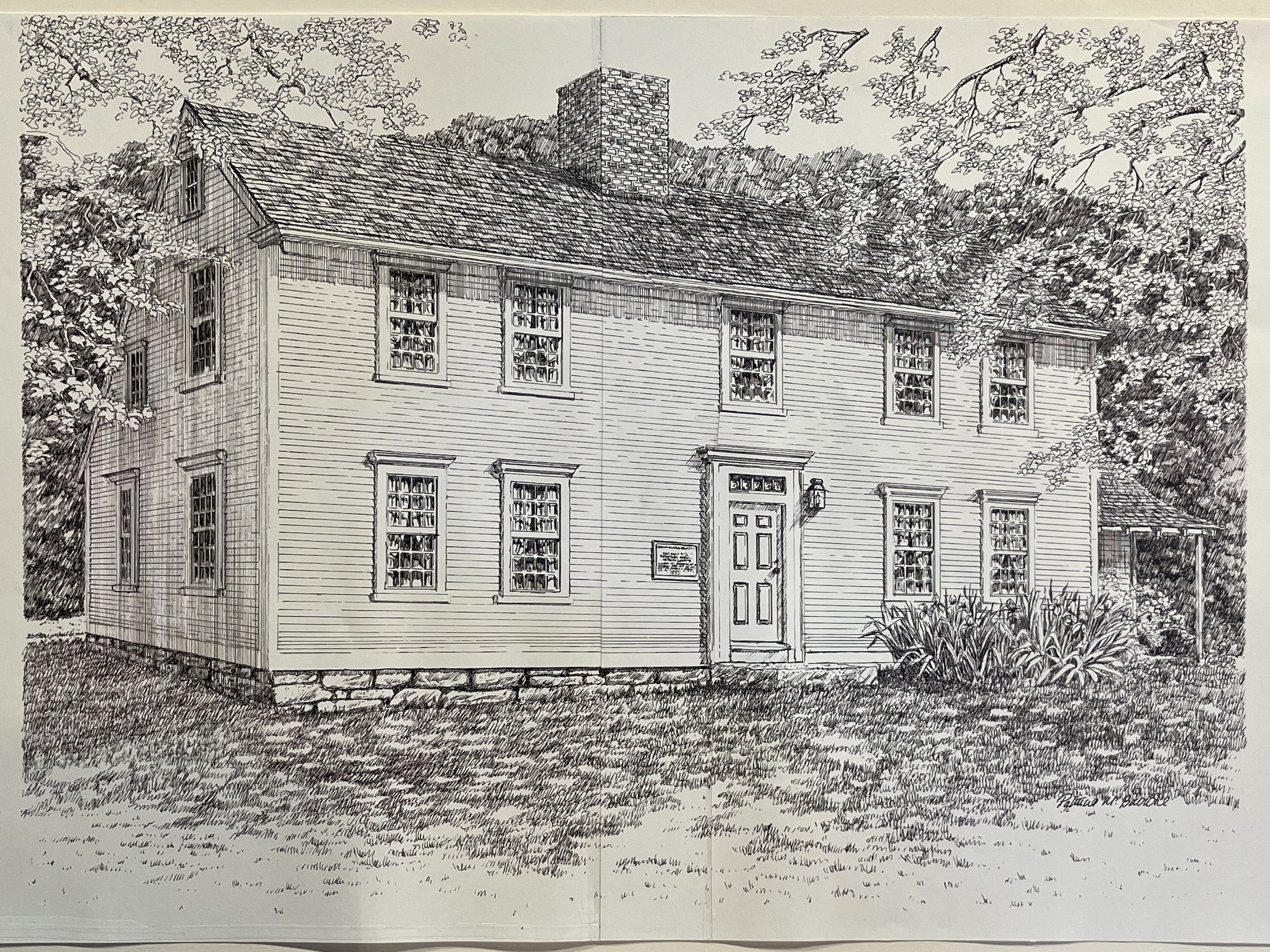 A black and white sketch of a historic two-story house with a gabled roof, multiple windows, a front door, and a chimney, surrounded by trees and grass.