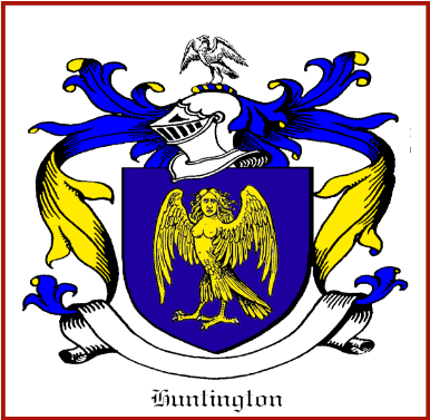 A heraldic coat of arms featuring a blue shield with a gold eagle and a smaller shield with a blue and gold striped design. Above the shield is a crest with a white eagle. Surrounding the shield are decorative gold and blue mantling, and below is the name "Huntington".