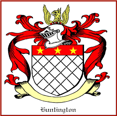 A heraldic coat of arms featuring a shield with red and gold elements, a knight's helmet, a gold and white dragon at the top, a red banner with gold stars, and a yellow scroll. source - Carew's Scroll of Arms.