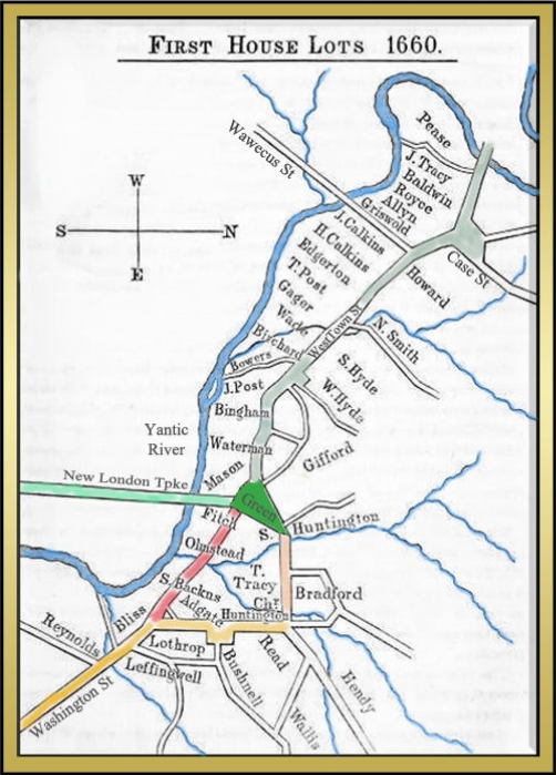 Map of first house lots in 1660 Norwich, CT, showing streets and waterways, including the Yantic River.