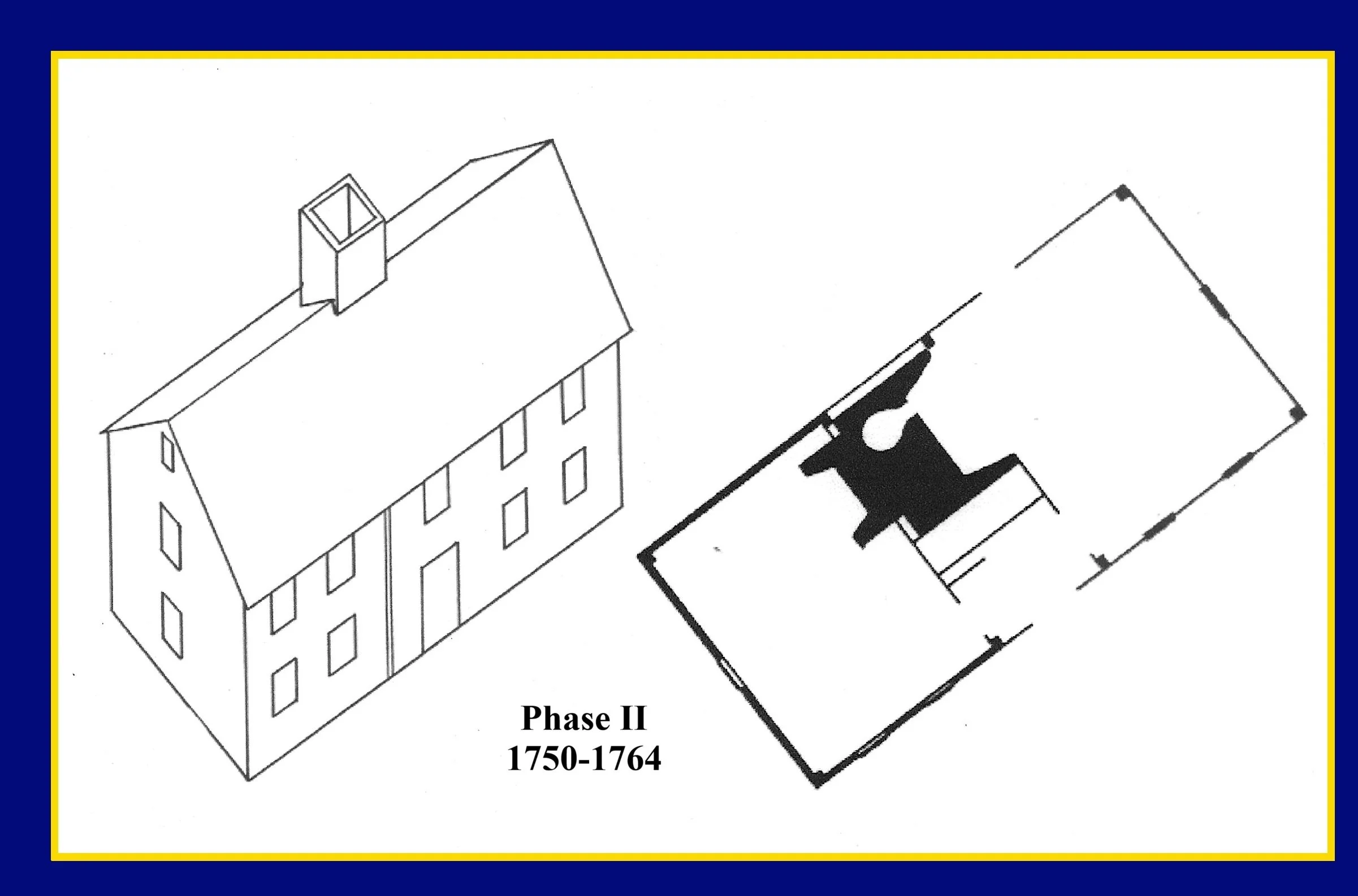 A drawing of a house and its architectural plan labeled 'Phase II 1750-1764' with a blue border and a yellow outline around the image.