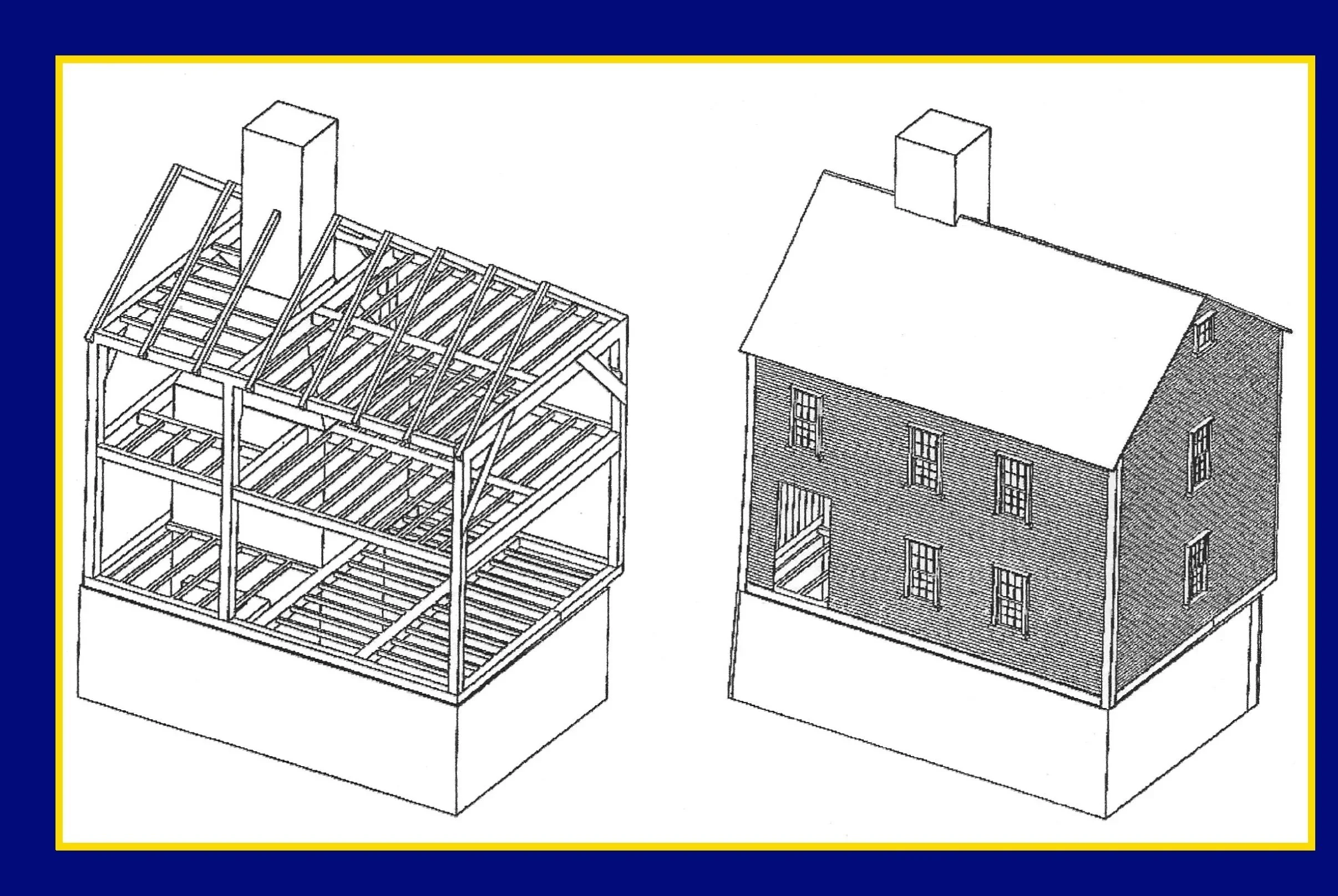 Architectural drawing of a house, showing both the wooden frame construction stage on the left and the finished brick exterior on the right.