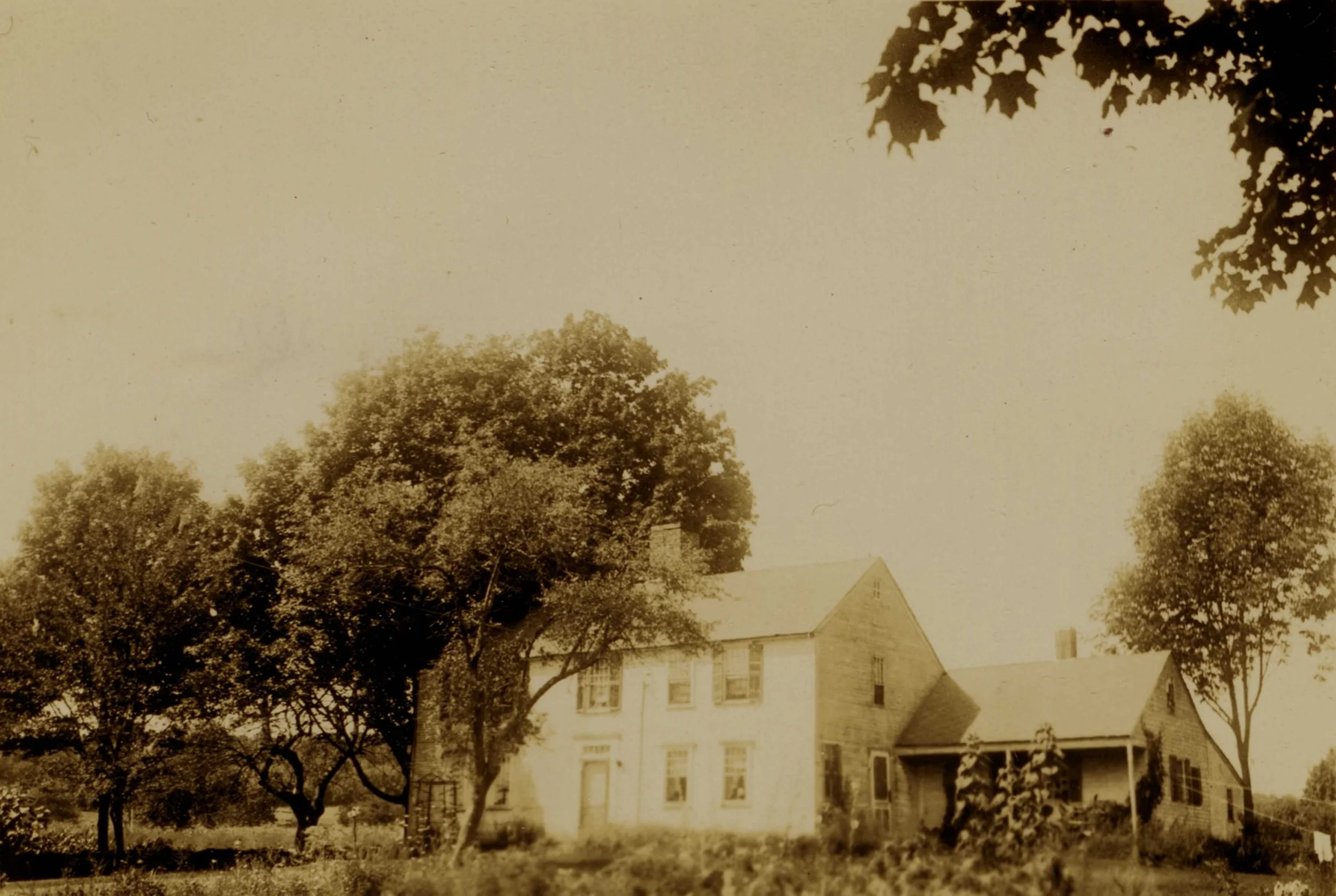 A sepia-toned photo of an old farmhouse surrounded by trees.