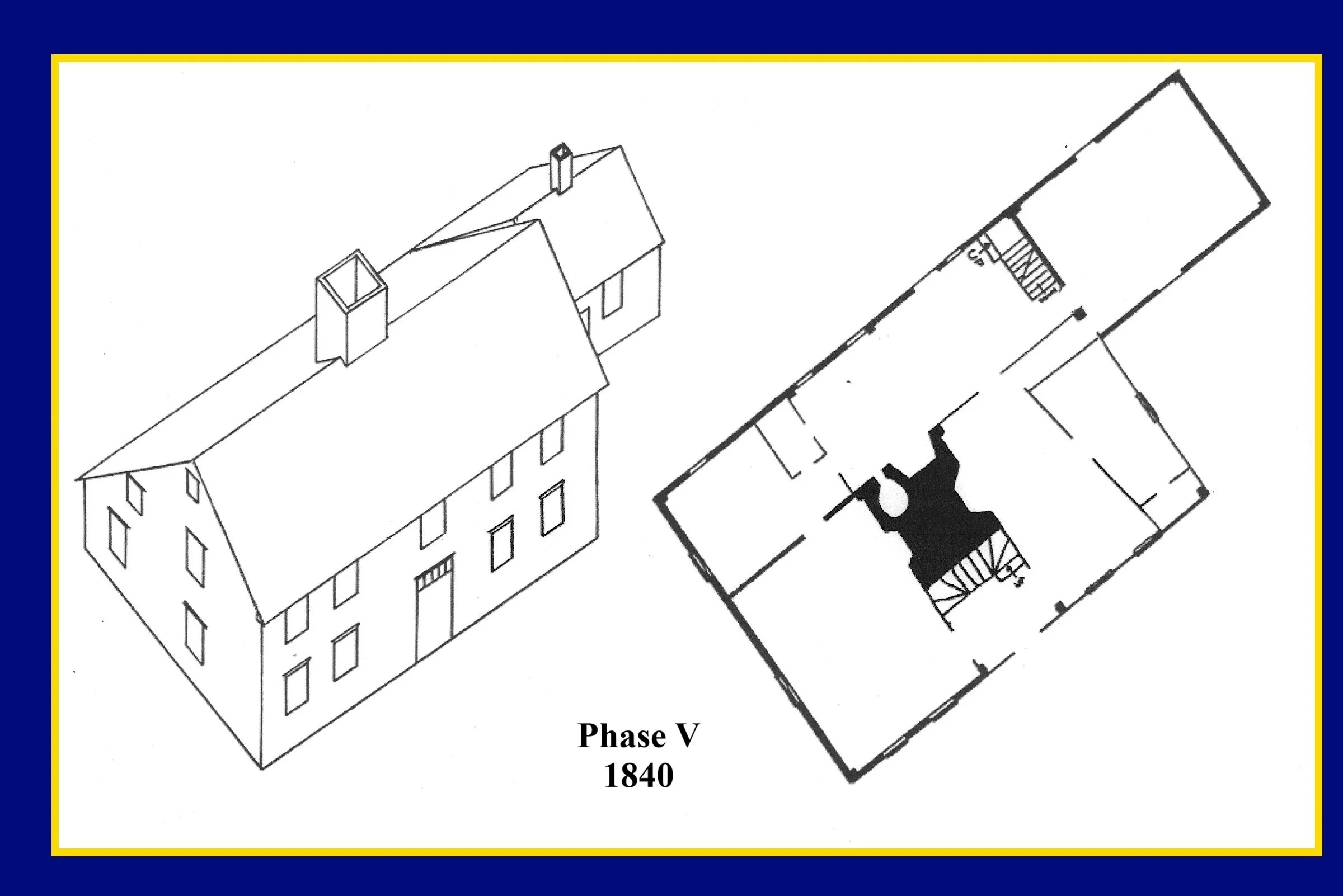 Drawing of a house with a roof on the left and a floor plan on the right, labeled "Phase V 1840."