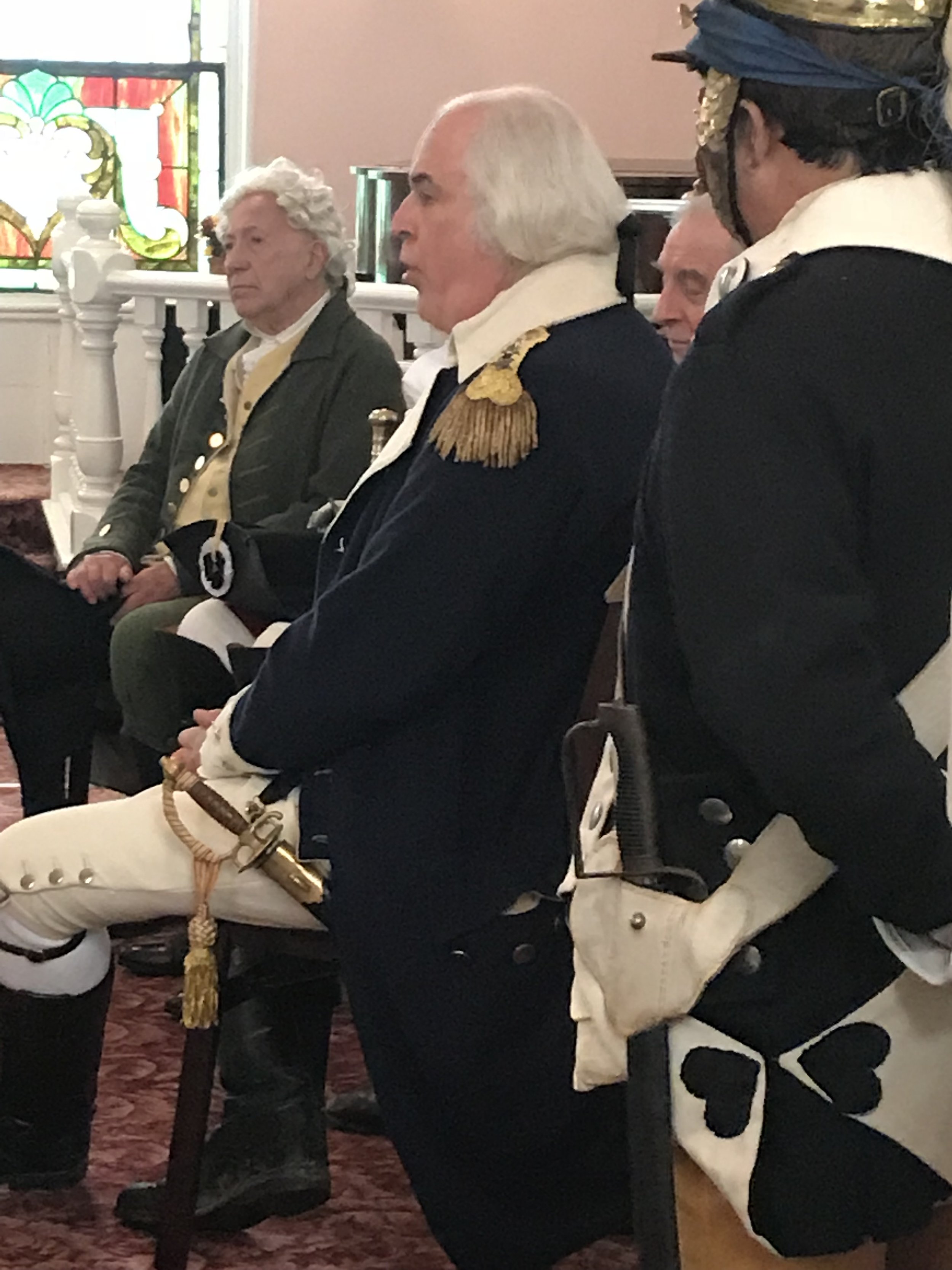 Reenactors portraying Washington, Huntington, and others at a "press conference" with our local elementary school "correspondents".