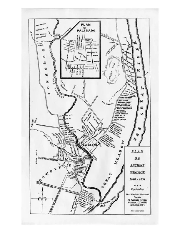 Map of ancient Windsor from 1640-1654, showing streets, landmarks, and waterways with labels and a key, created by the Windsor Historical Society.