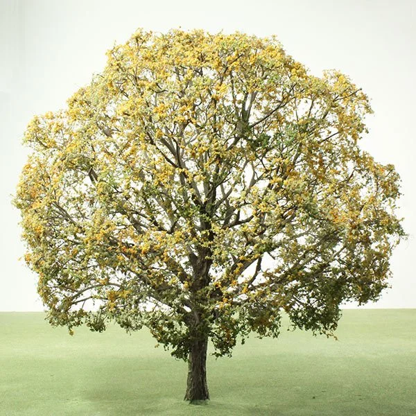 A large deciduous model tree with a broad circular canopy filled with yellow-green leaves, standing on a grassy field.