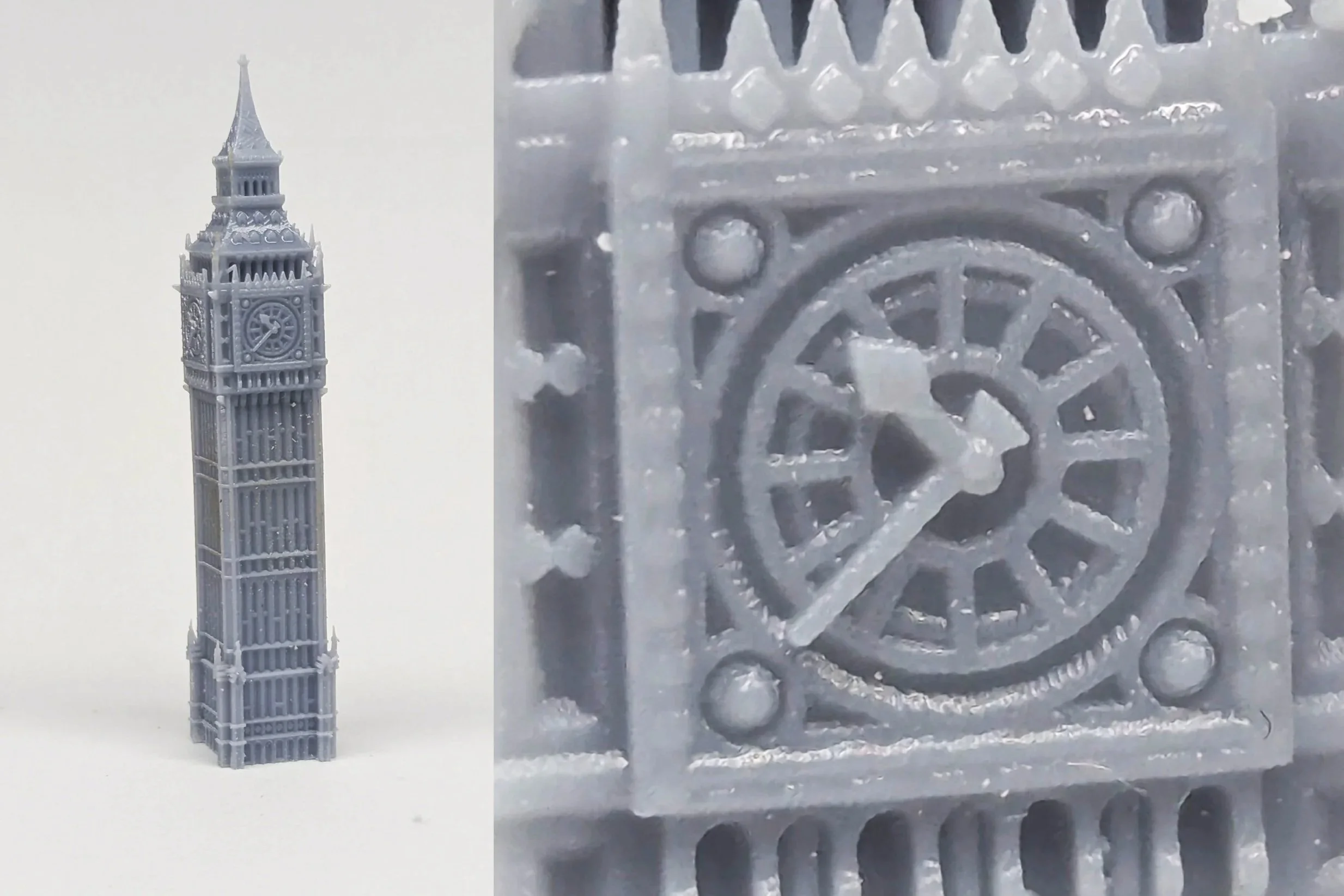 a detailed 3D print of the tower containing Big Ben with a zoomed in image to show the level of detail