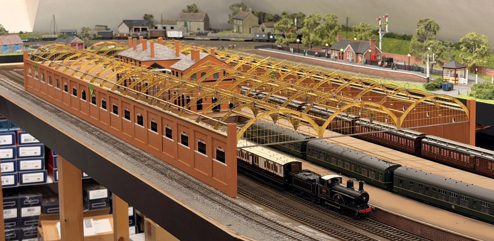 Brass etched detailing for a model railway station, designed and constructed by Scenic model railways.