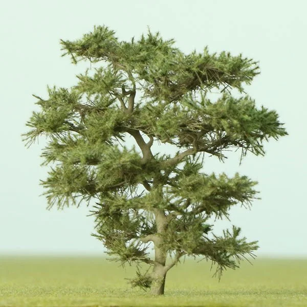 A small, well-shaped model pine tree growing on a grassy surface against a light background.