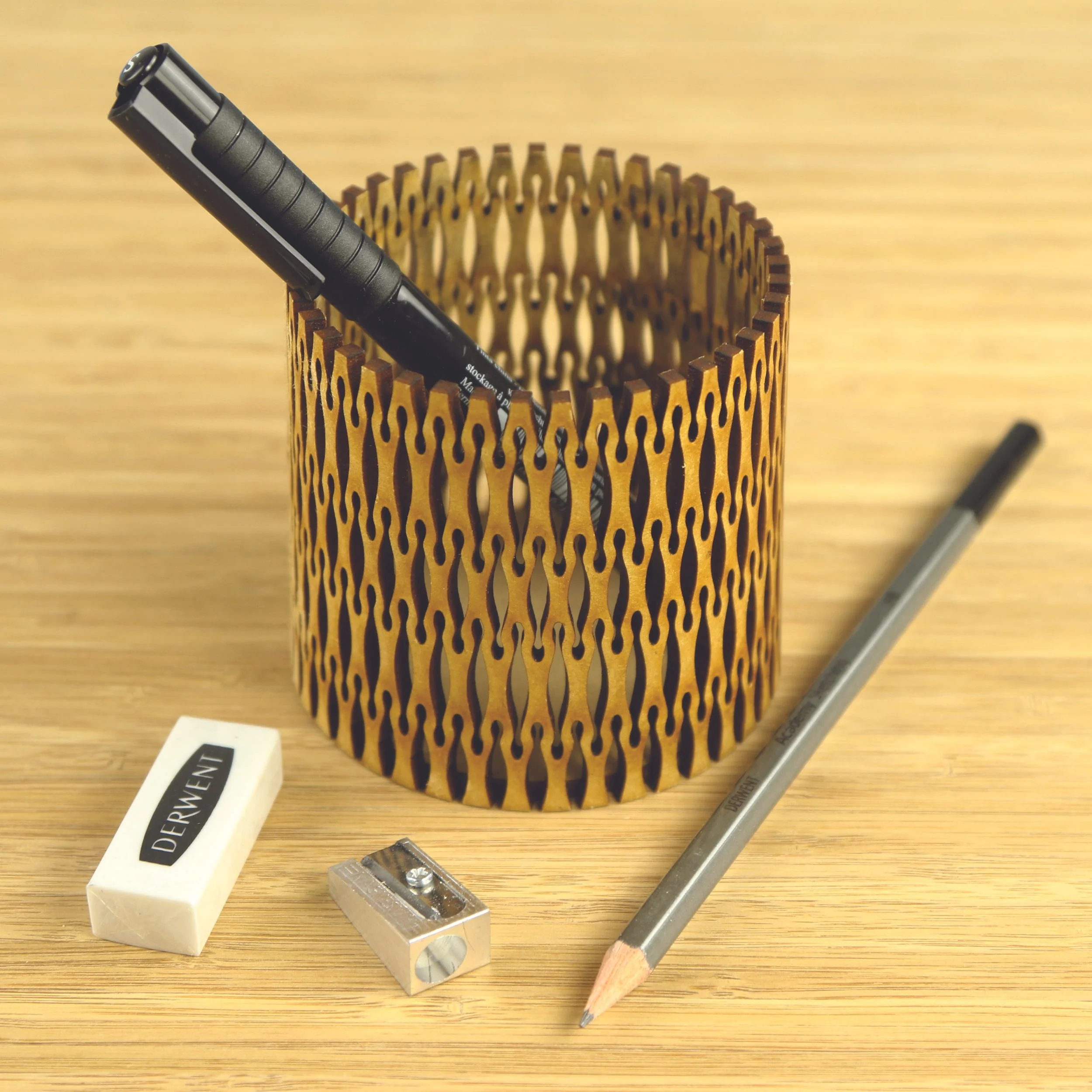 a kerf desk tidy, laser cut into mdf