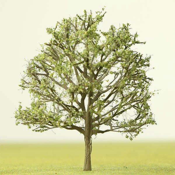 A deciduous model tree with a full canopy of green leaves, standing alone on a grassy field.