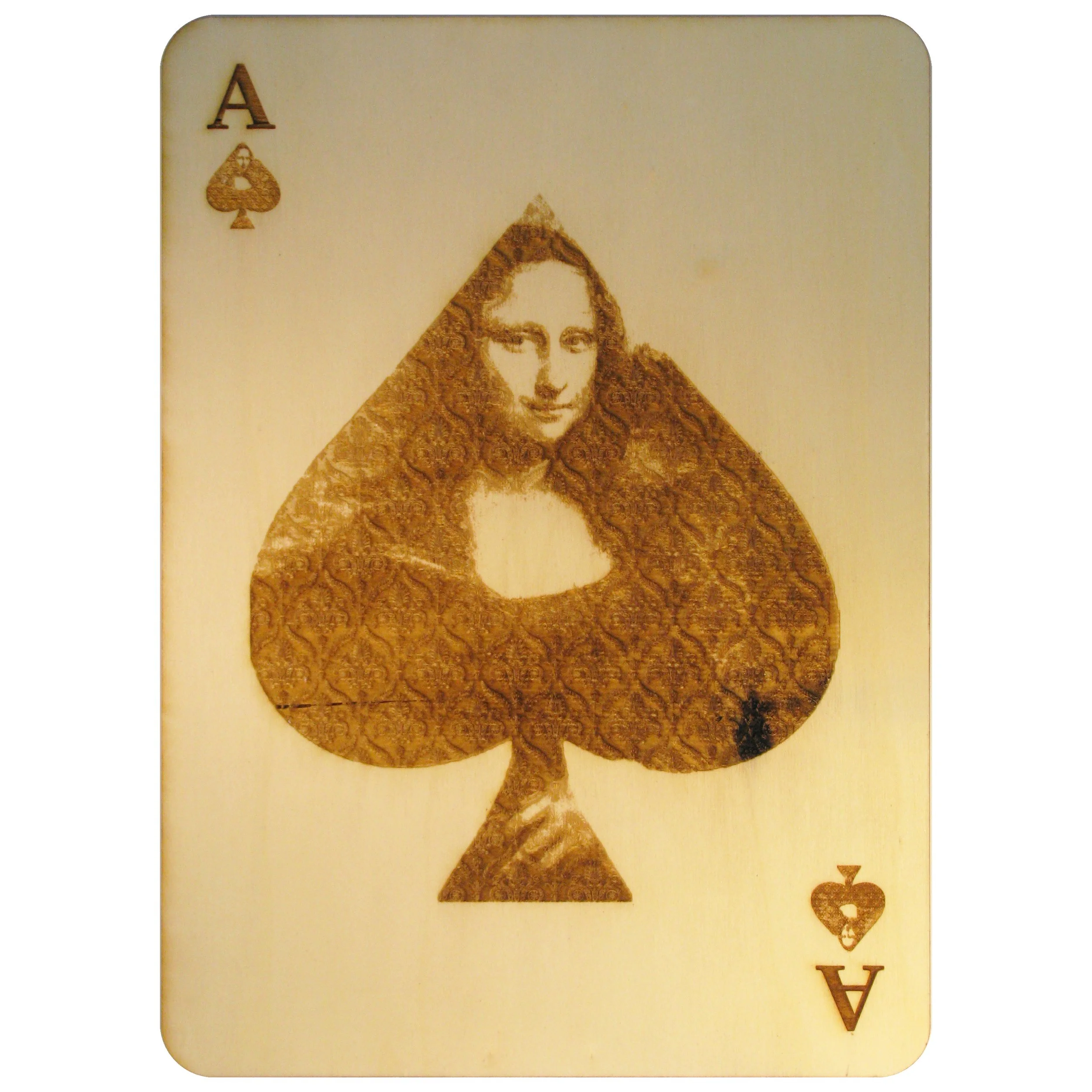 the Ace of spades, featuring mona lisa, lasercut into plywood.