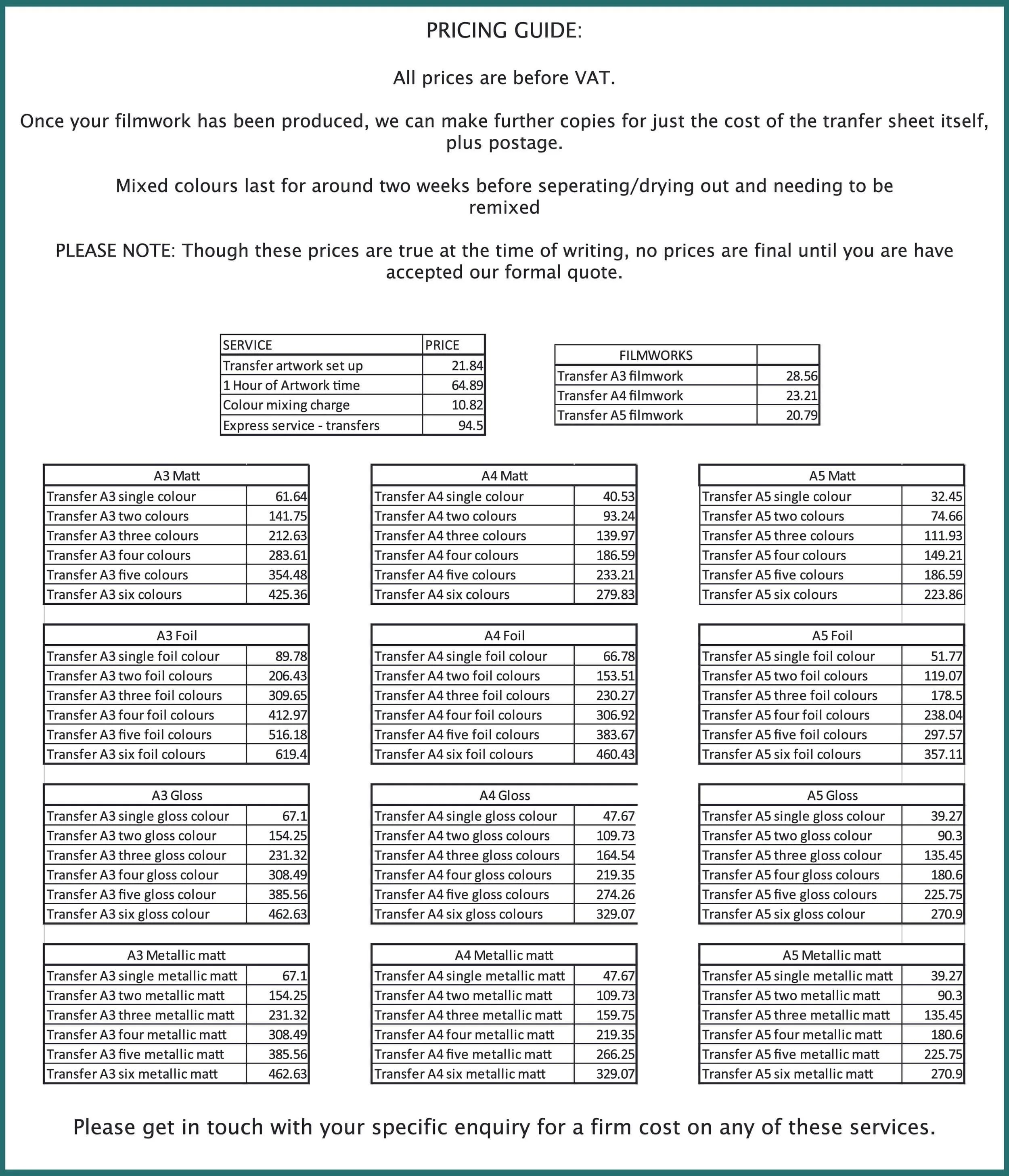 a table showing the pricing options for rub down dry transfers from arch60