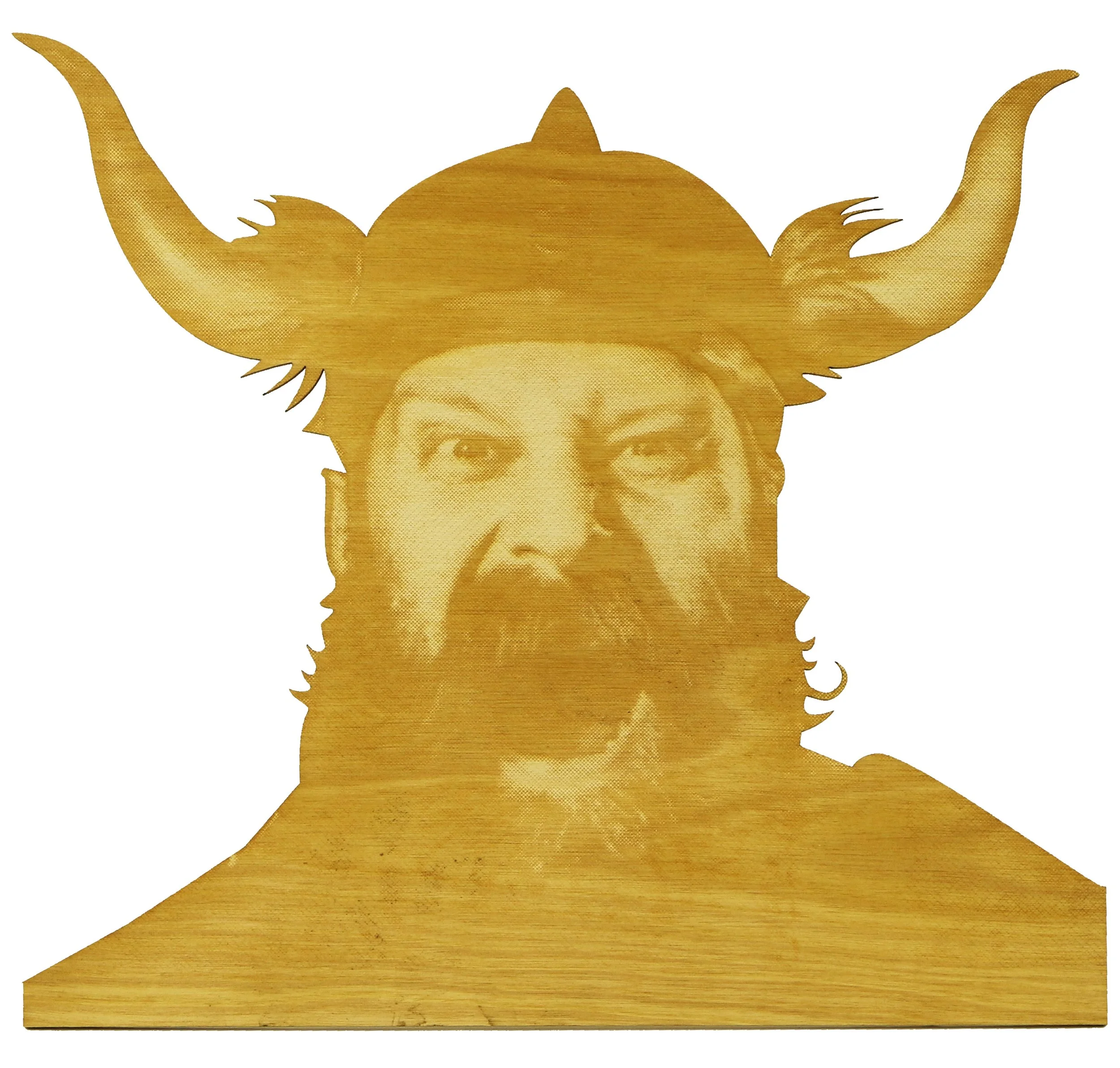 A laser engraving of a viking in plywood.