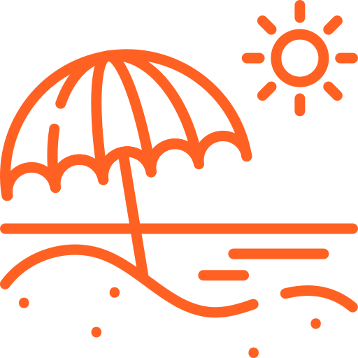 Ilustración de una sombrilla en la playa con el sol en el cielo y agua reflejada.