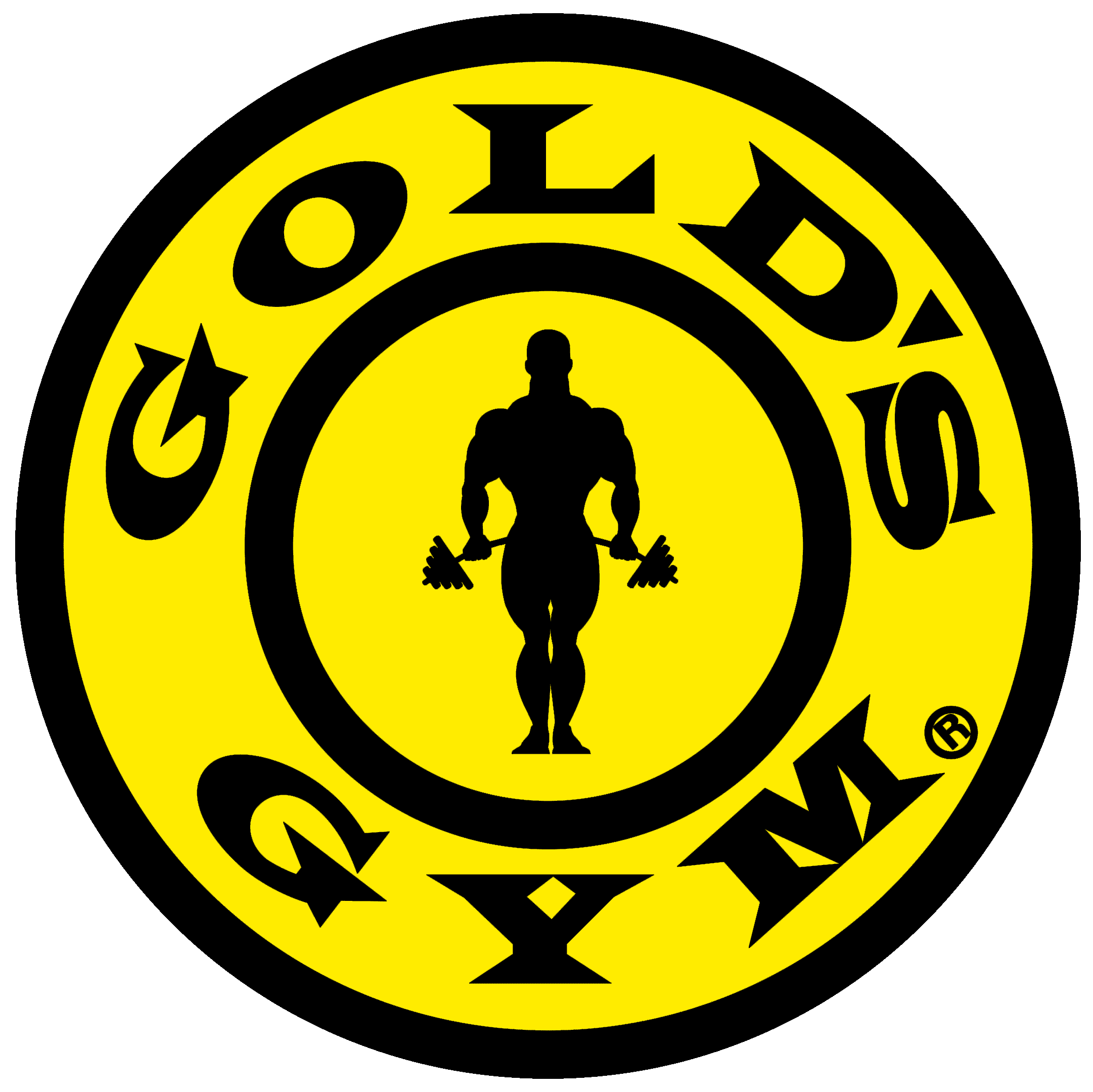 Yellow and black logo of Gold's Gym featuring a muscular man lifting dumbbells at the center.