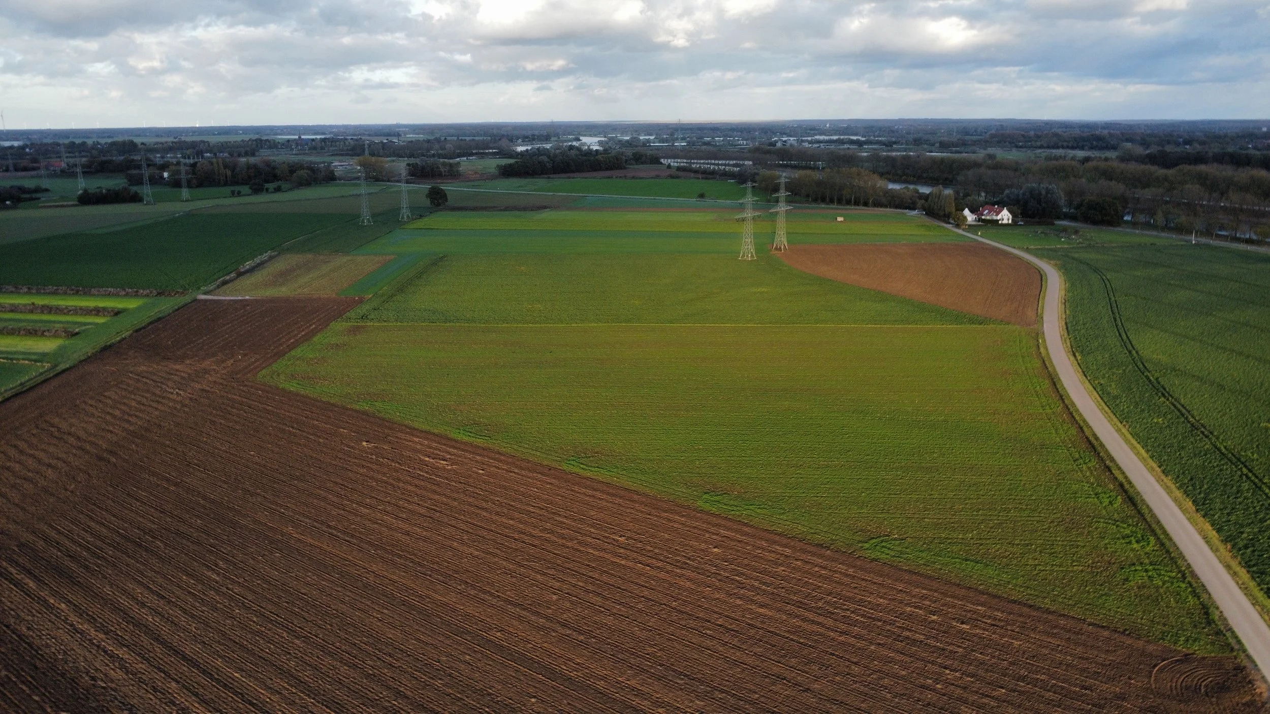 Aerial view of farmland with a patchwork of green and brown fields, a winding road, and power transmission towers against a cloudy sky.