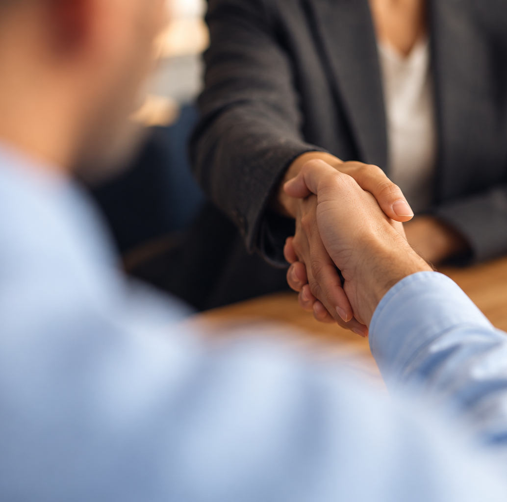 Illustrative image of a handshake in a corporate setting, with people in the background who are out of focus and have no identifiable faces.