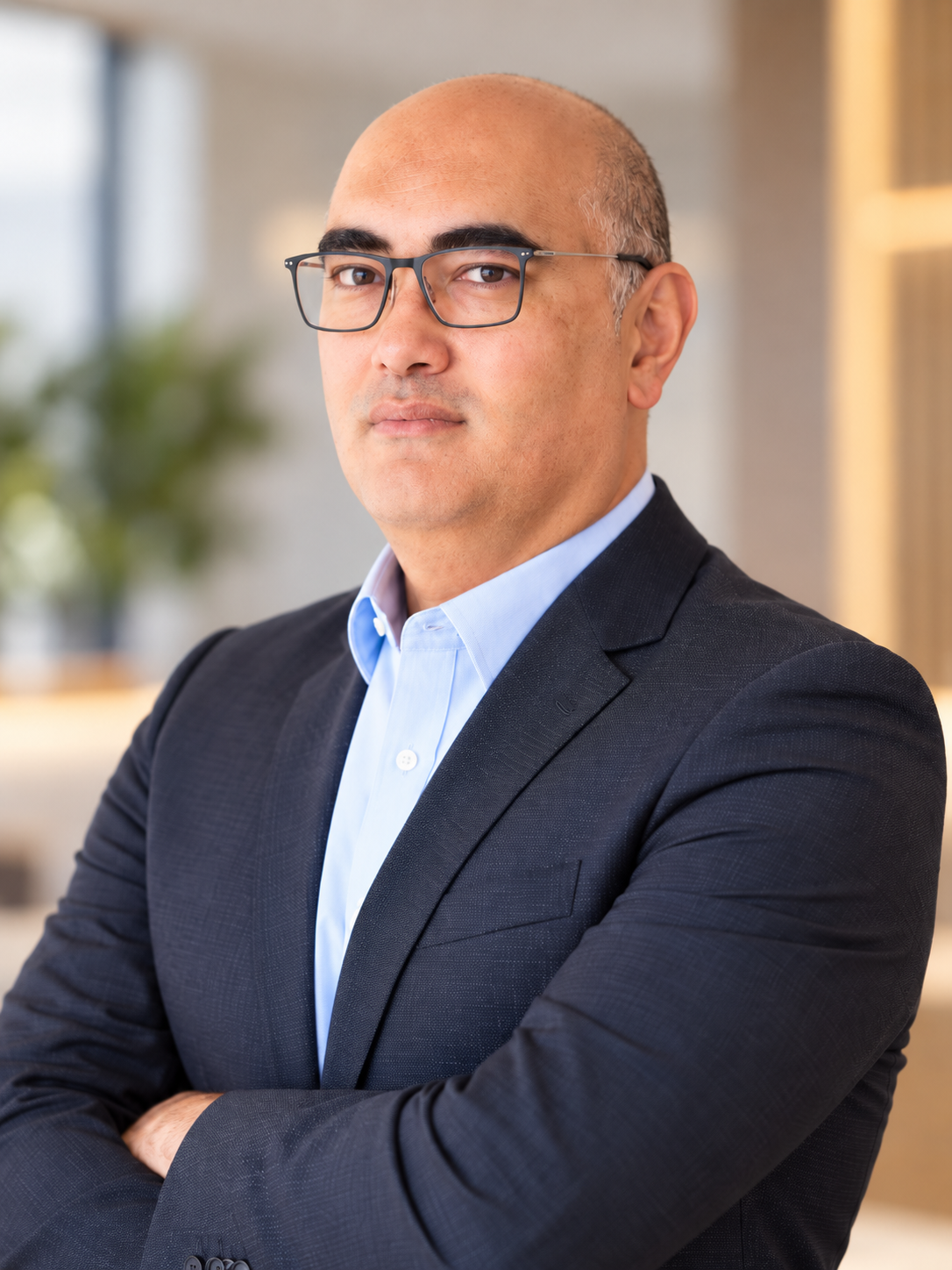 Retrato profissional de homem careca usando óculos, camisa azul-clara e terno escuro, com os braços cruzados.