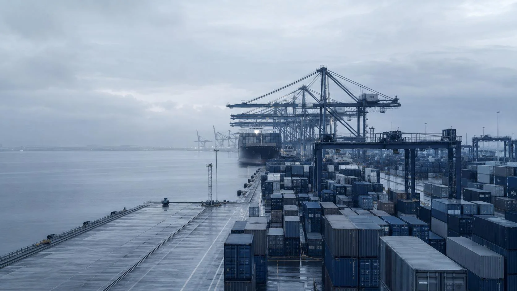 Porto industrial com guindastes de contêineres, navio cargueiro e pilhas de contêineres sob céu nublado