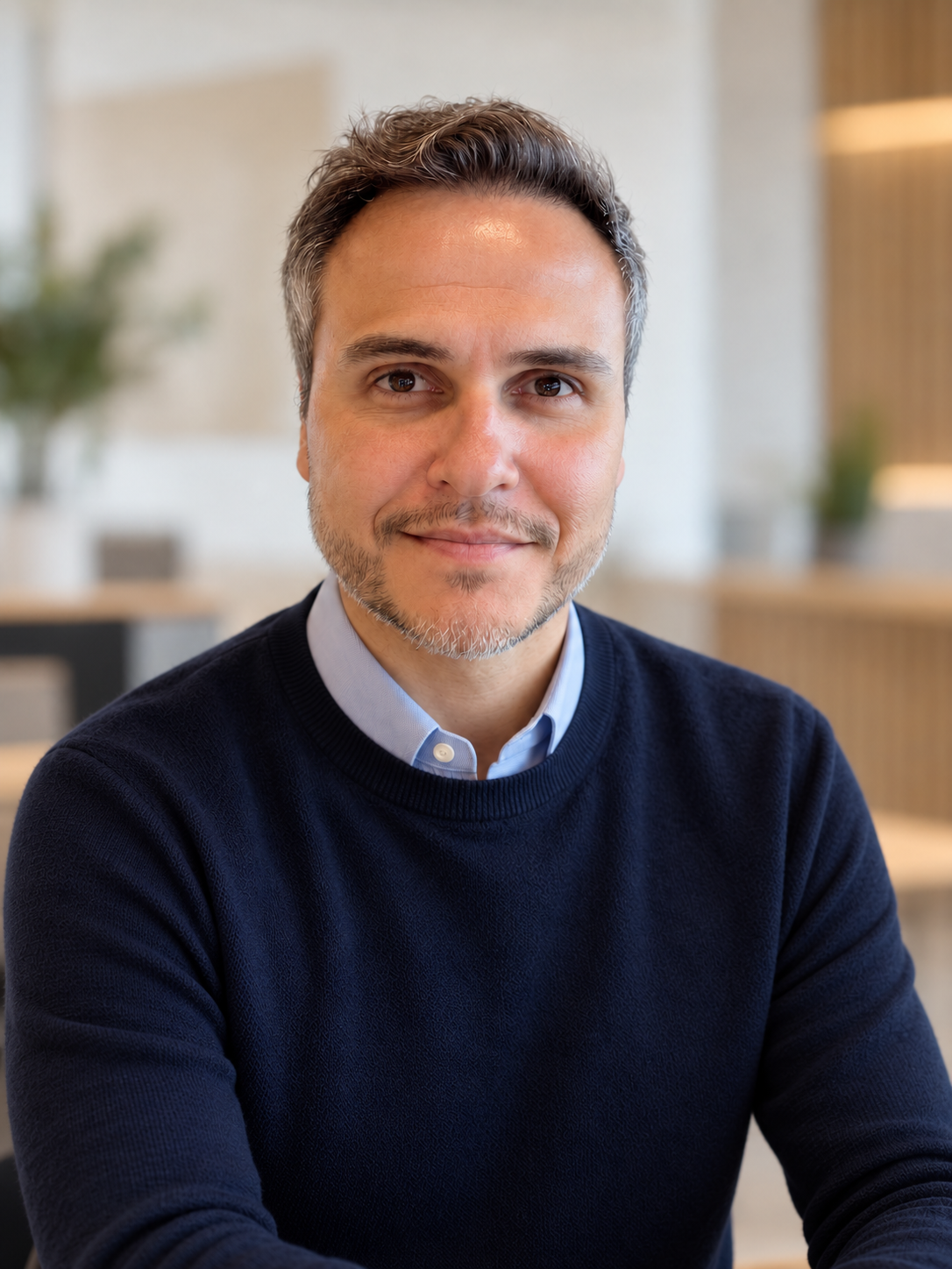 Retrato de homem sorrindo, com suéter azul-marinho e camisa social azul-clara, em ambiente interno iluminado.