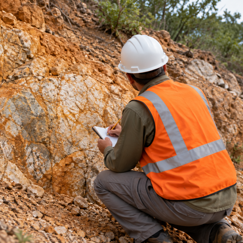 Illustrative image of a geologist, seen from behind, taking notes in front of a rock outcrop.