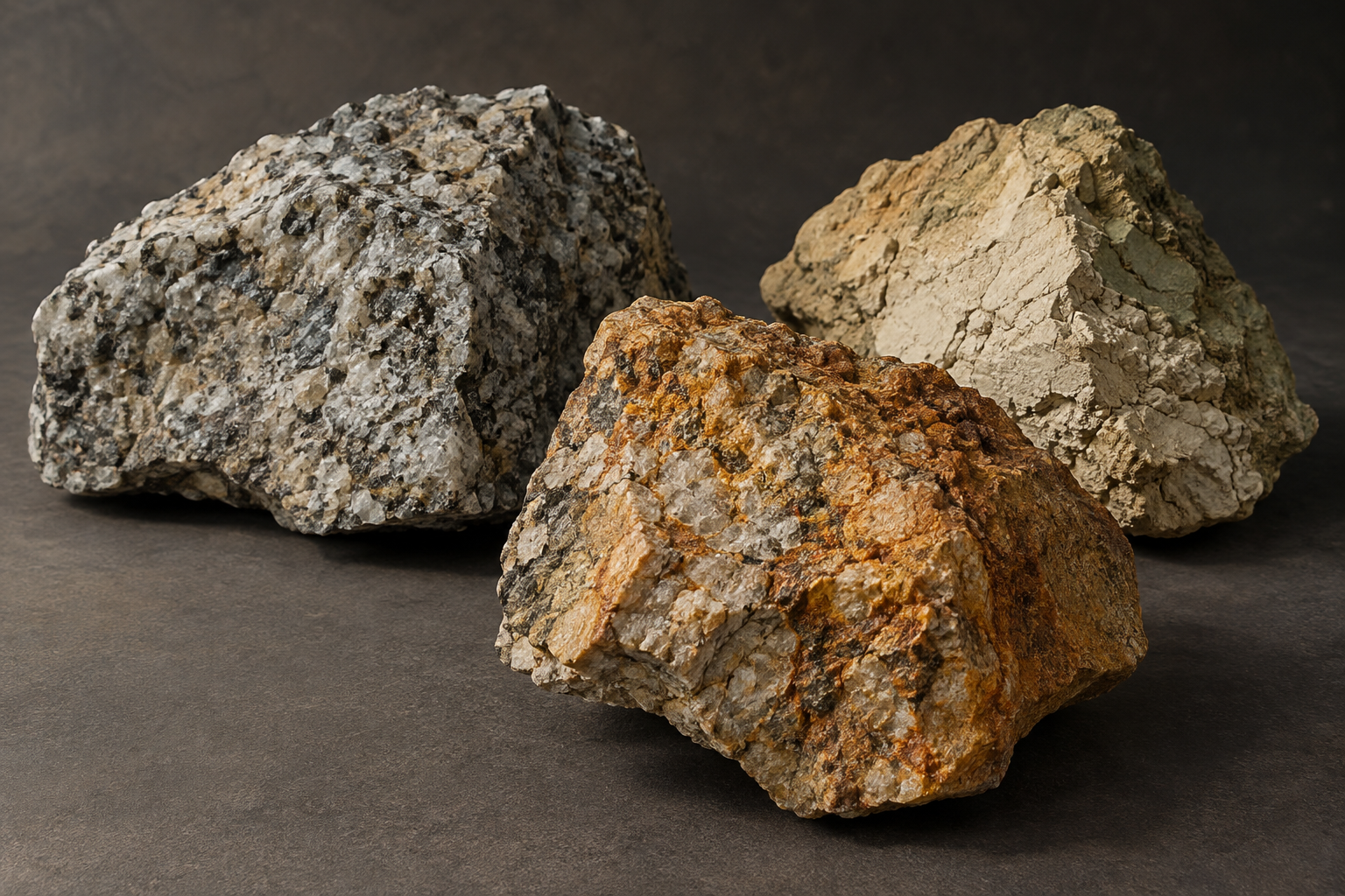 Illustrative composition featuring samples of granite and clay-rich materials at various stages of weathering.