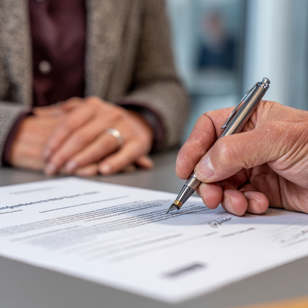 Person unterschreibt einen Vertrag auf einem Tisch, im Hintergrund eine andere Person mit verschränkten Händen.