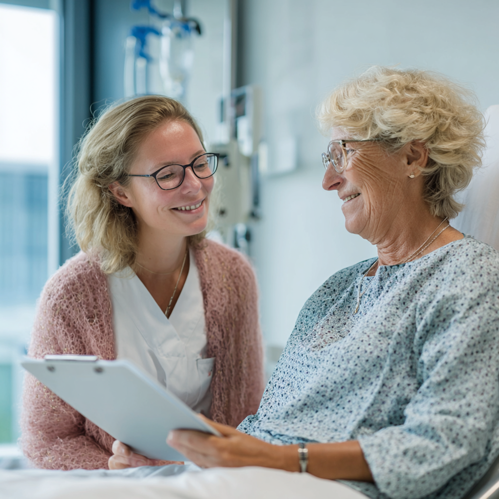 Eine junge Krankenschwester spricht mit einer älteren Patientin im Krankenhausbett, beide lächeln sich an.