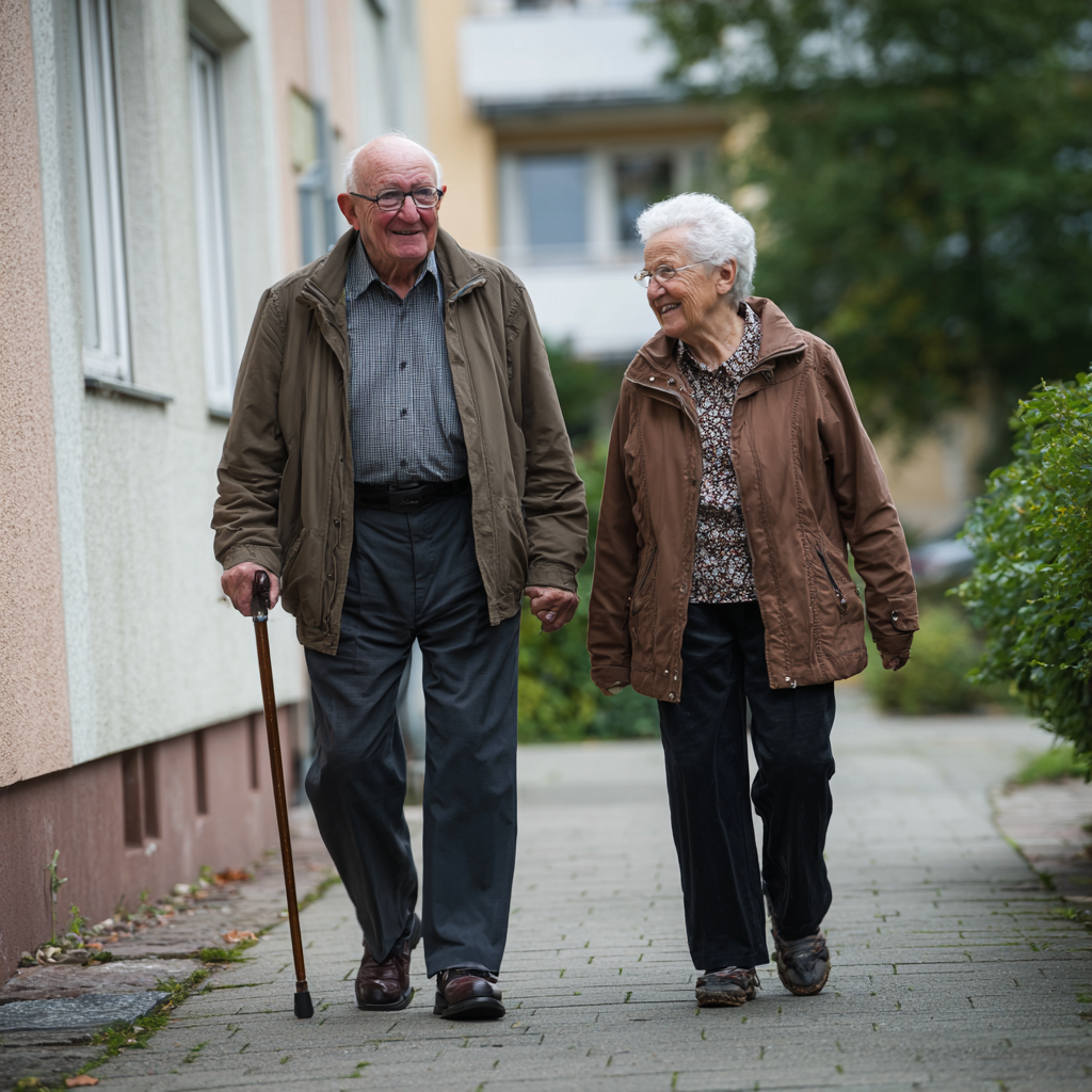 Ein älteres Paar geht Hand in Hand auf einem Gehweg in einer Wohngegend spazieren.
