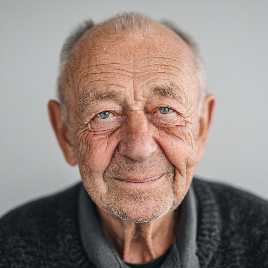 Porträt eines älteren Mannes mit grauen Haaren und blauen Augen, lächelnd, vor hellem Hintergrund.