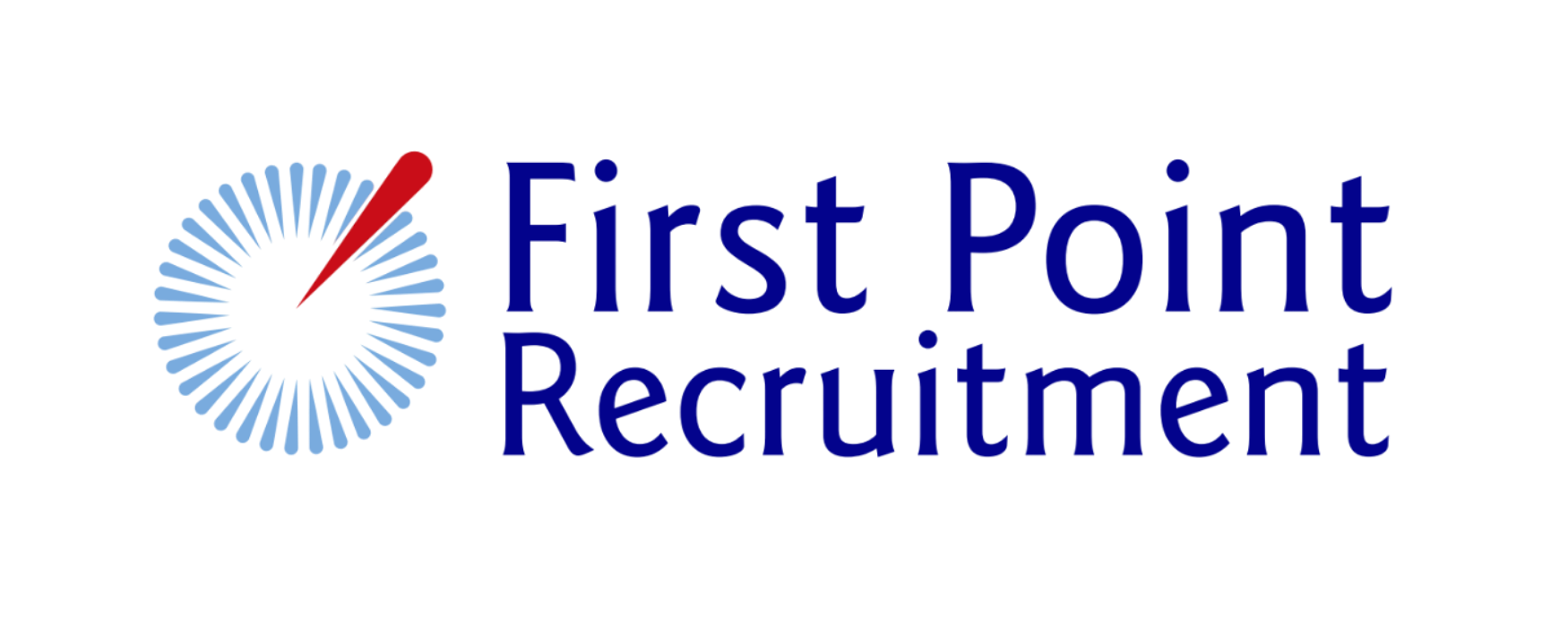 A logo featuring a circular gauge with a red needle pointing upward, next to the words 'First Point Recruitment' in blue text.
