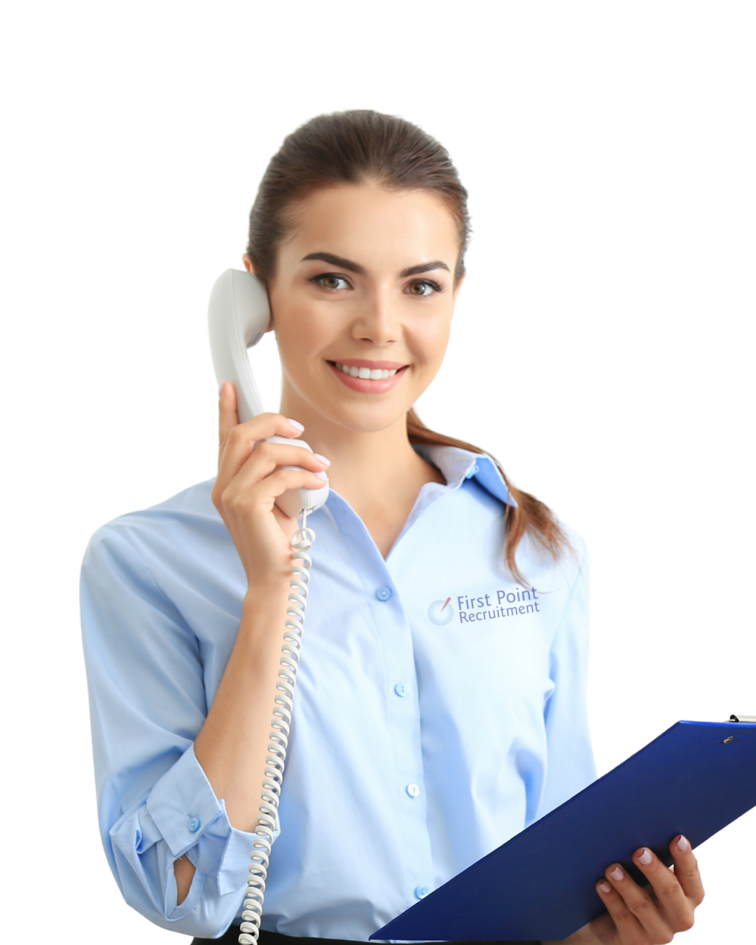 A smiling woman in a light blue collared shirt holding a telephone receiver to her ear and a blue clipboard, with a First Point Recruitment logo on her shirt.