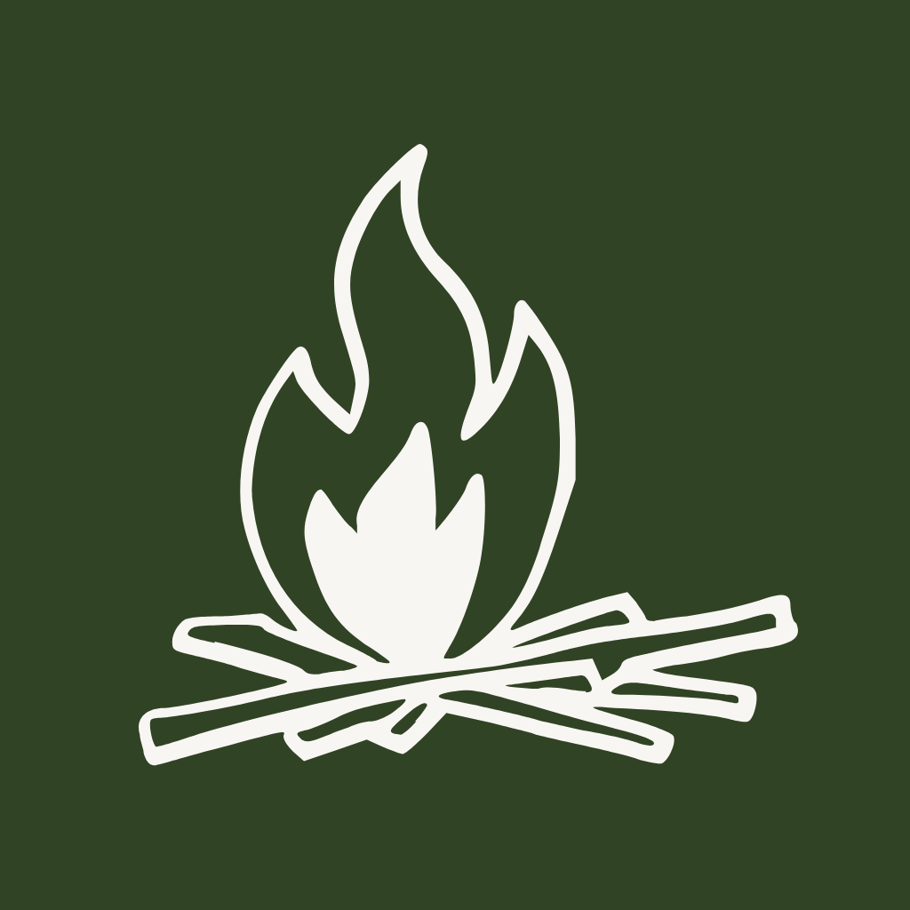 Icon of a campfire with flames and logs on dark green background