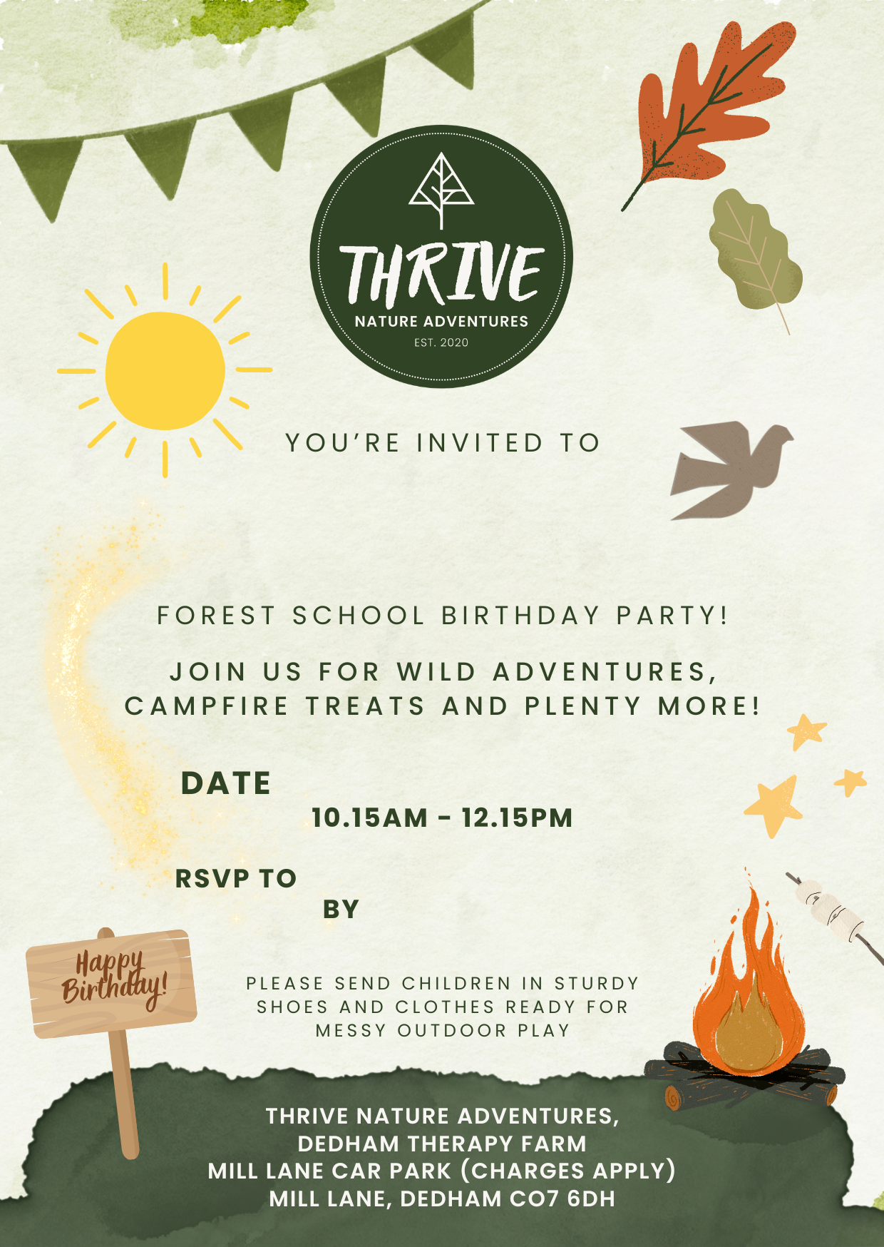 Invitation for a Forest School birthday party, featuring a green background with autumn leaves, a colorful campfire illustration, a sun drawing, a small sign that says 'Happy Birthday!', and decorative banners at the top. The event details include date, time, RSVP, and location at Thrive Nature Adventures.