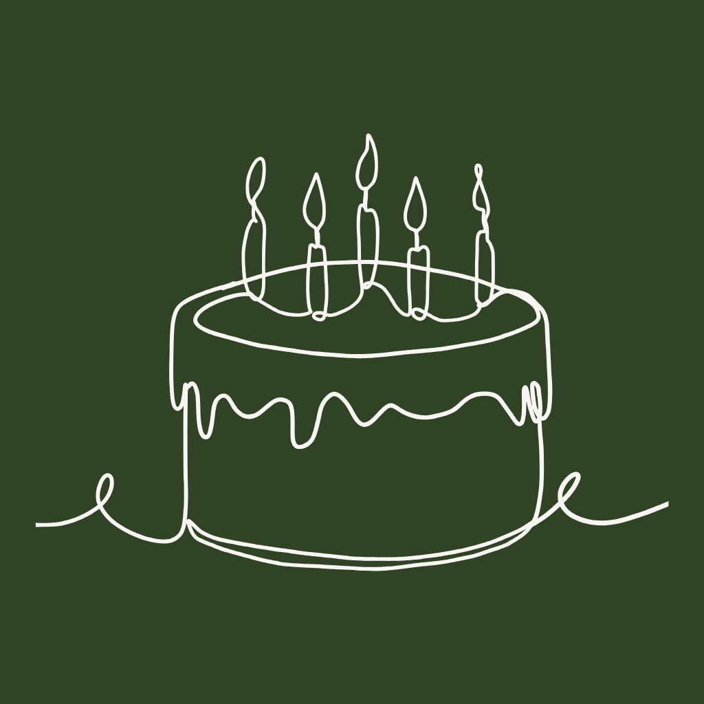 Line drawing of a birthday cake with five lit candles on top, placed on a dark green background.