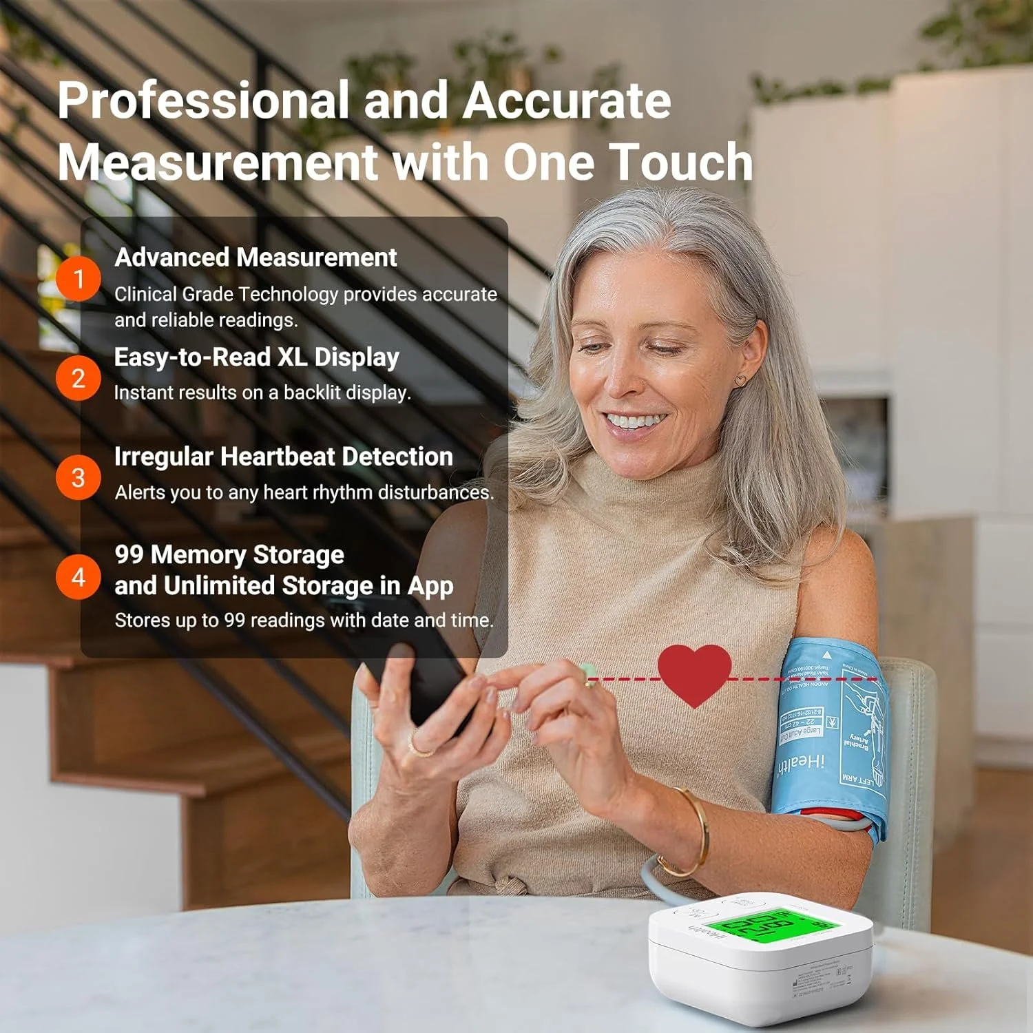 iHealth Track - Key features; Clinically validated technology, large collar-coded display, irregular heartbeat detection, 99 memory storage and unlimited storage in app.