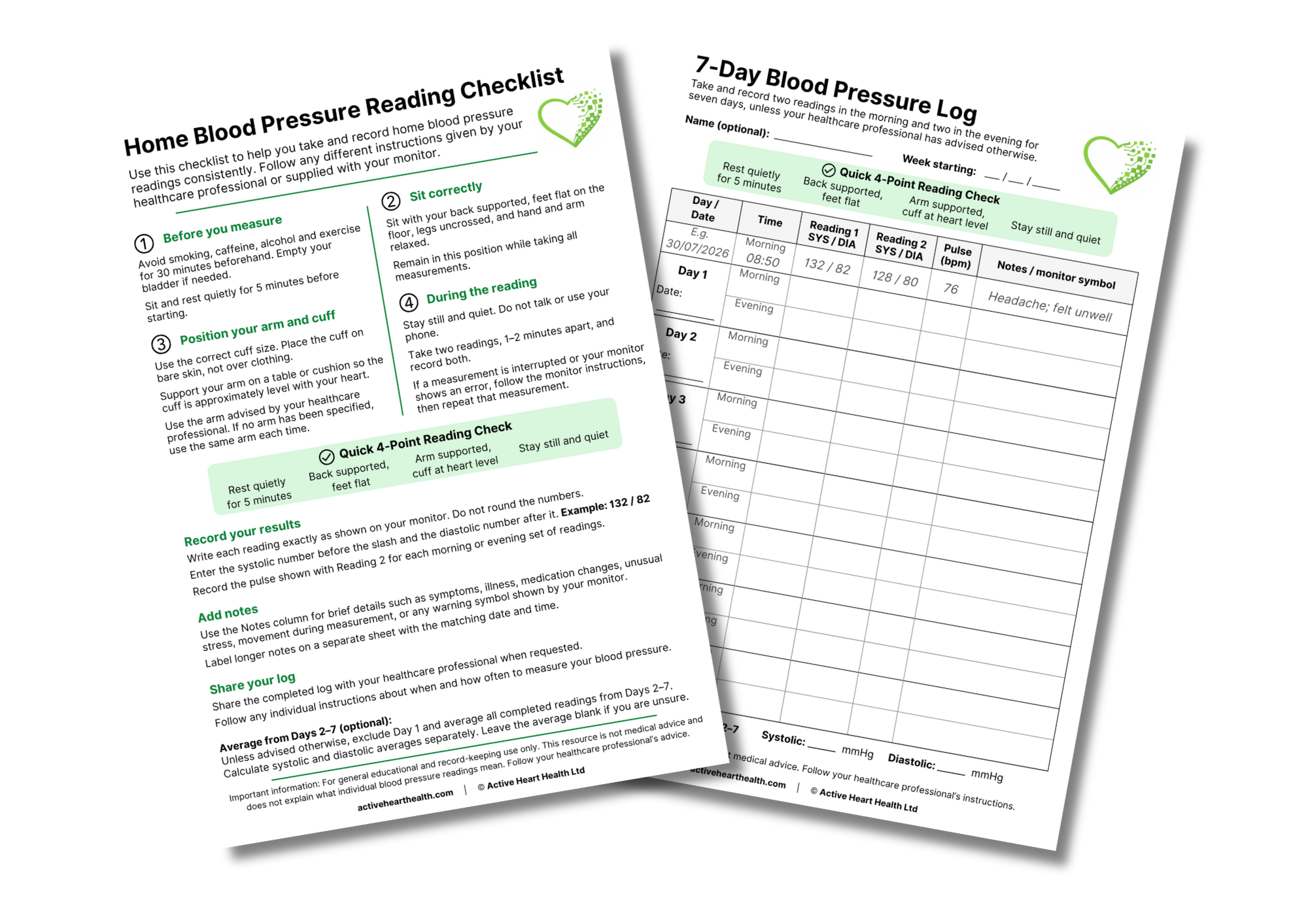 Home blood pressure reading checklist and 7-day blood pressure log - 2 page printable and fillable PDF