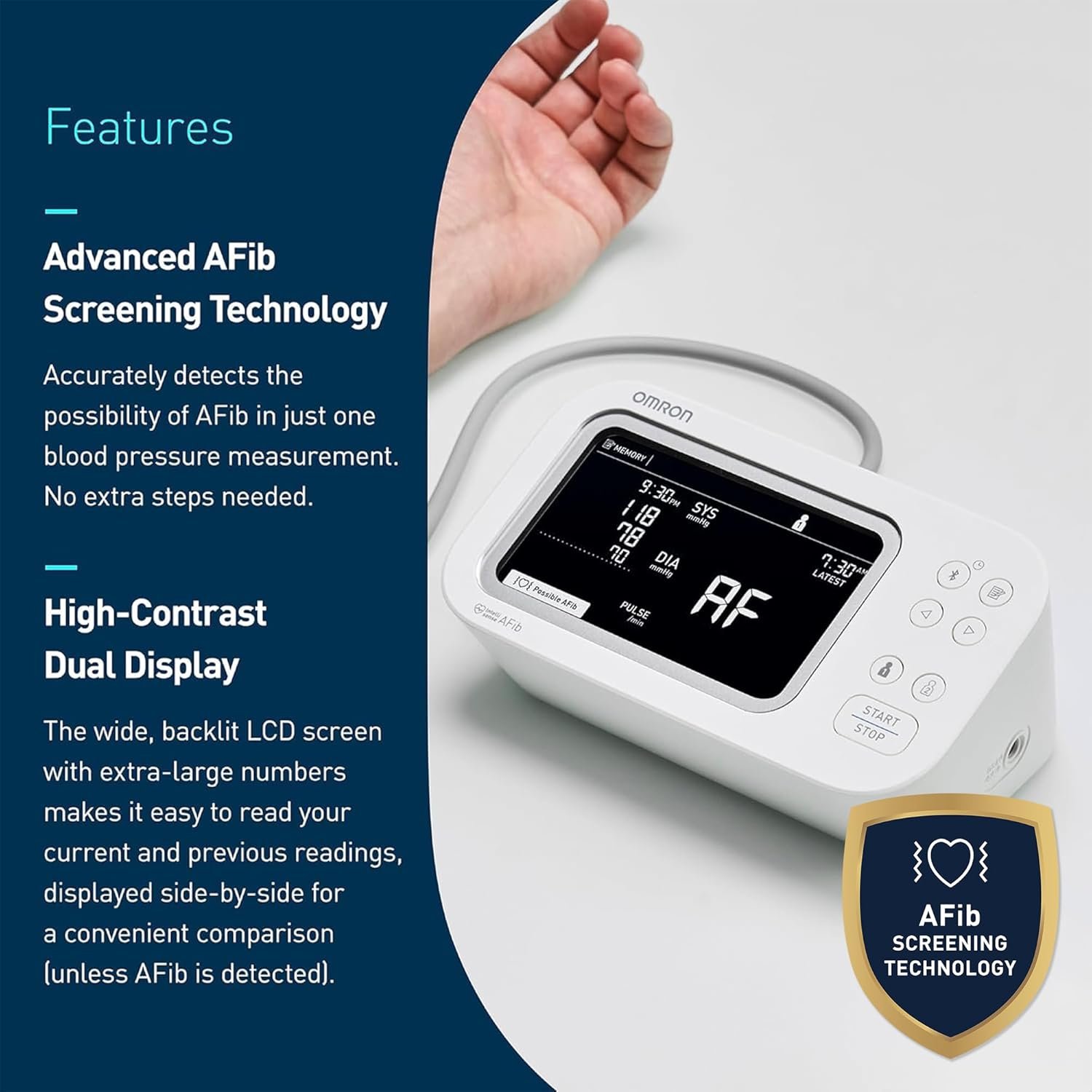 Omron Platinum has AFib Screening Technology, High-contrast dual display.