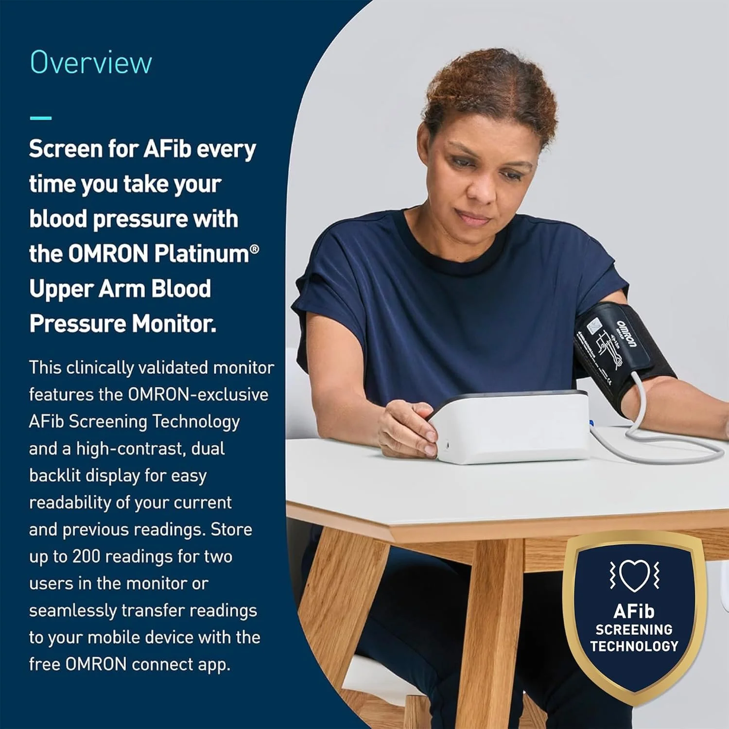 Omron Platinum Overview - Clinically validated, AFib screening, Backlit display, Store up to 200 readings, Sync to Omron Connect App