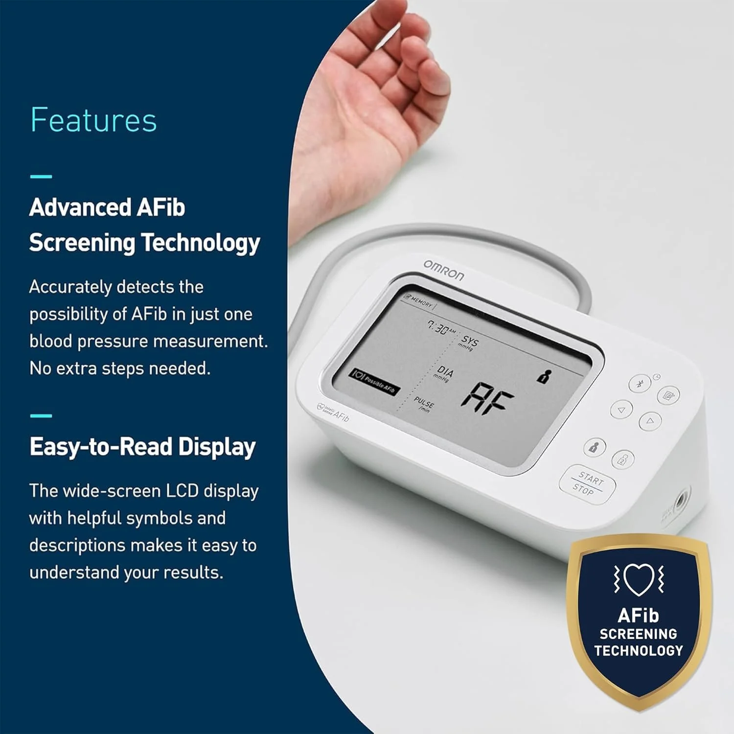 Omron Gold has advanced Atrial Fibrillation Screening. Easy to read diaplay.