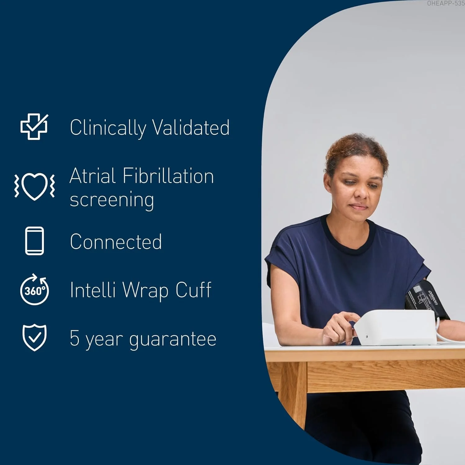OMRON X7 Smart AFib is clinically validated, has atrial fibrillation screening, bluetooth connected to mobile app, and Intelli wrap cuff.