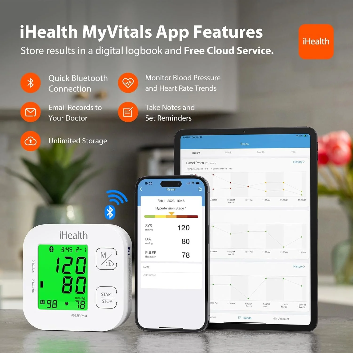 iHealth MyVitals App Features - store a digital logbook of all readings for free with unlimited storage, and email records to your doctor.